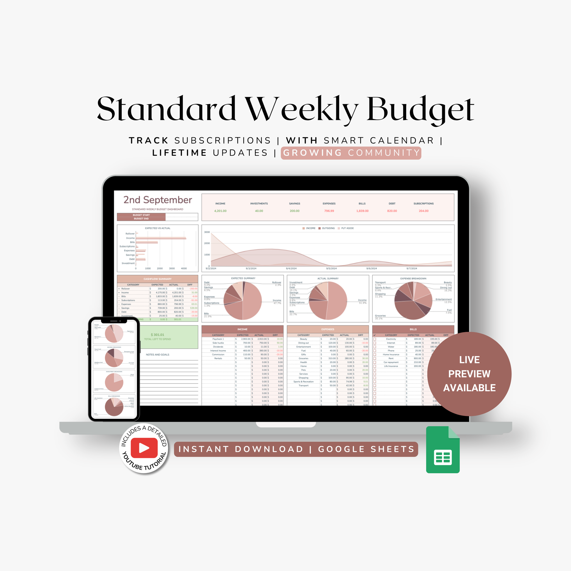 Standard Weekly Budget planner with a computer screen and smartphone displaying budget data on a white background. Also known as a weekly budget, week planner, budget excel or budget spreadsheet.