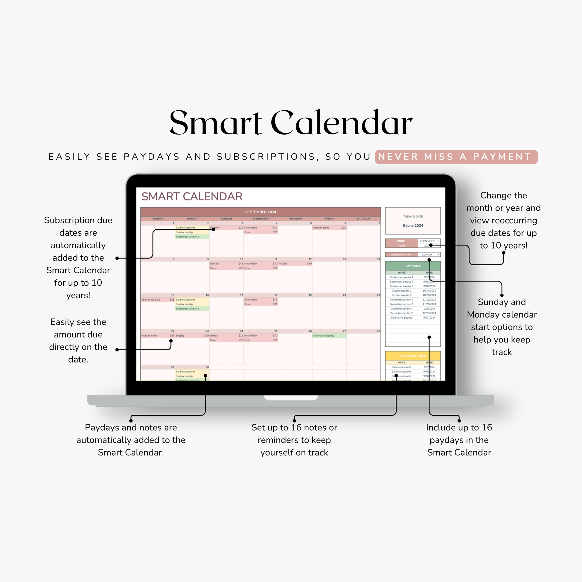 Smart Calendar software interface on a computer screen with features highlighted.