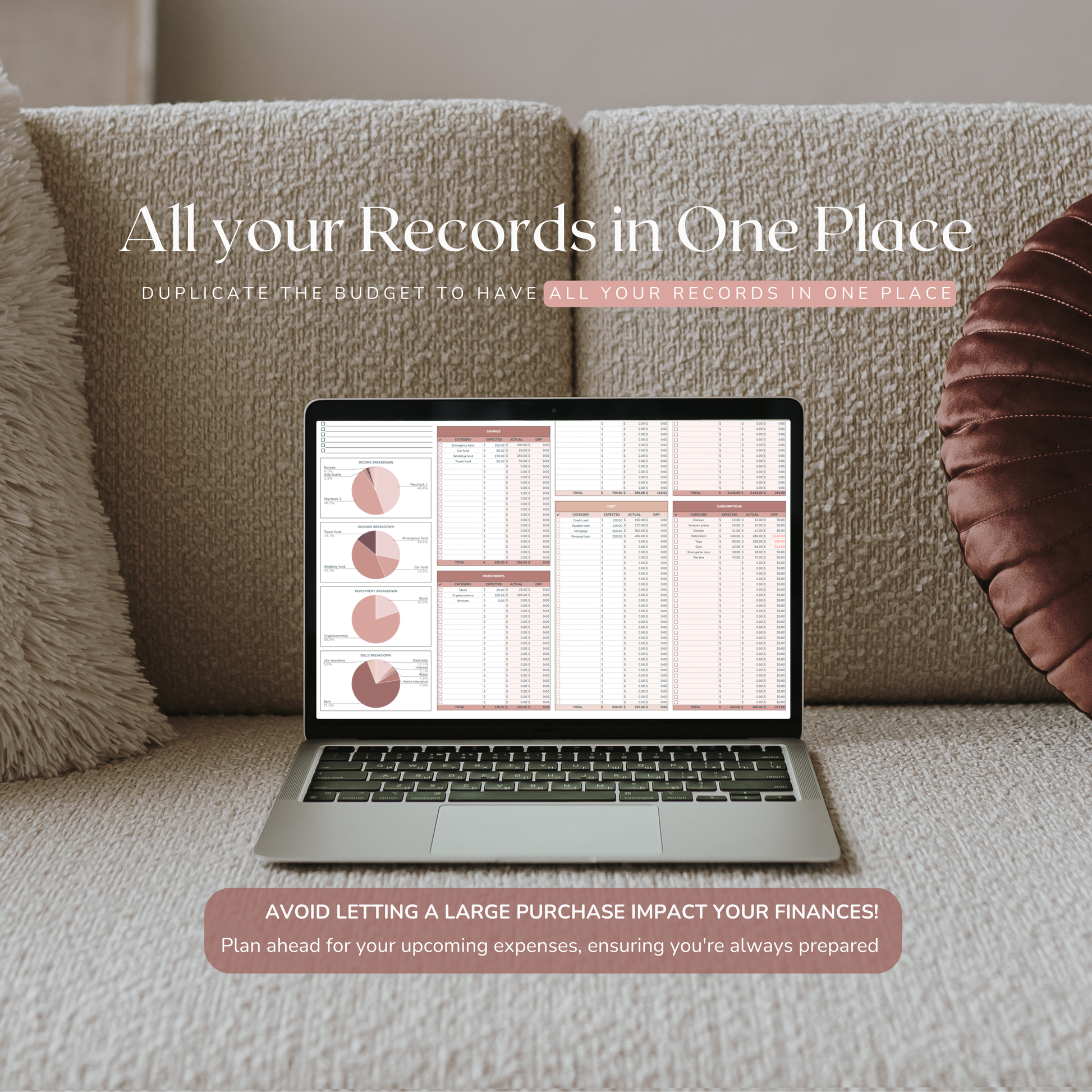 Laptop on a couch displaying a weekly budget spreadsheet tracker with text overlay about record-keeping.