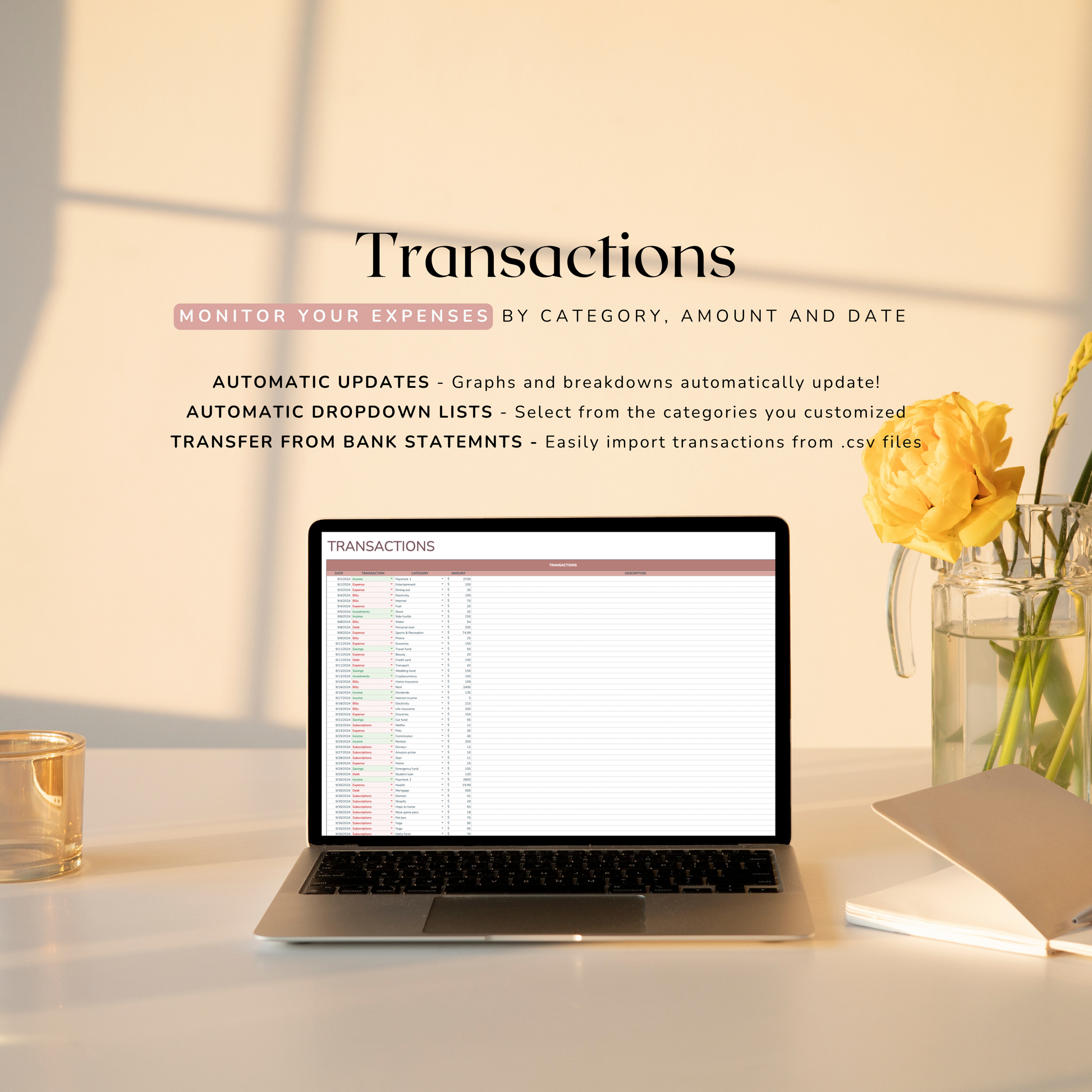 Laptop on a desk with a screen displaying transactional tracker in google sheets, surrounded by flowers and a candle.