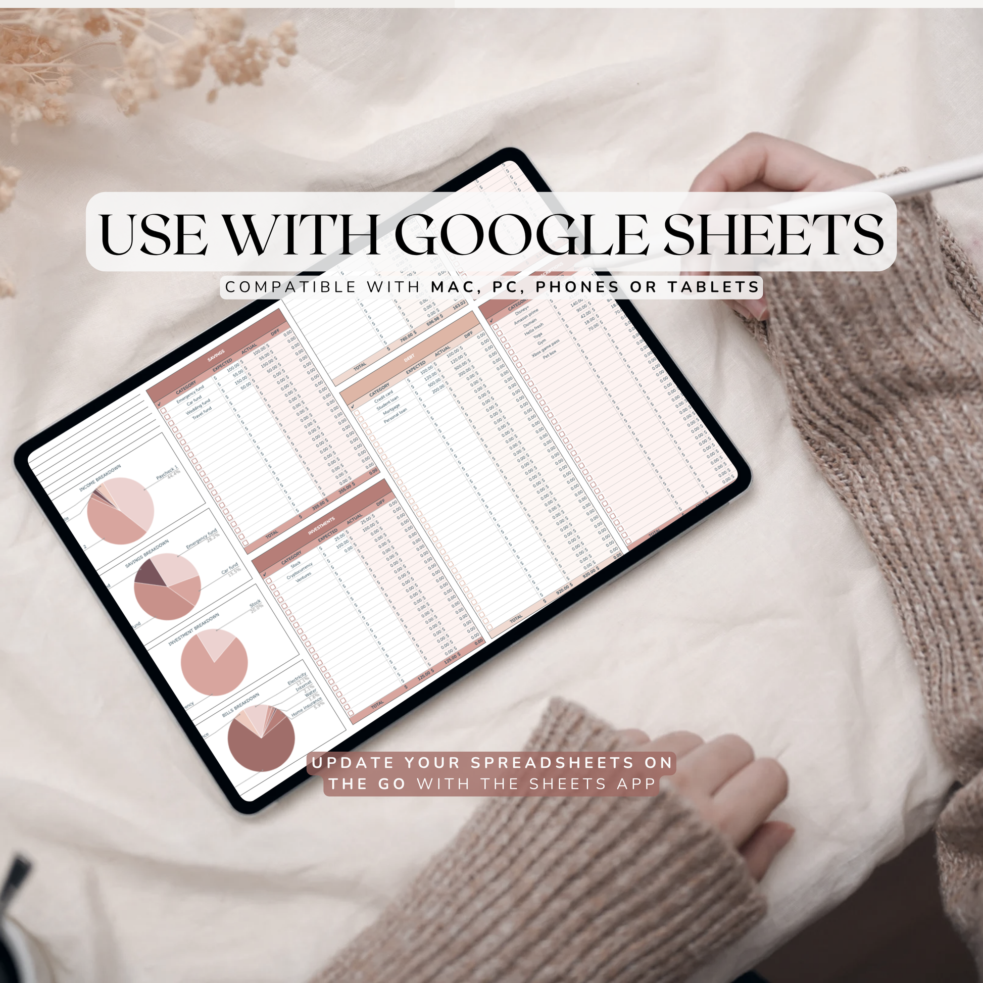 Person holding a tablet with Google Sheets app open on a soft surface