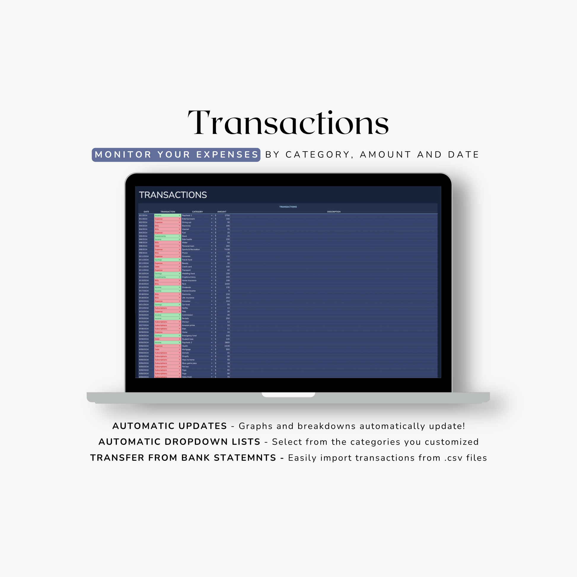 Laptop displaying a transaction monitoring spreadsheet planner on a white background