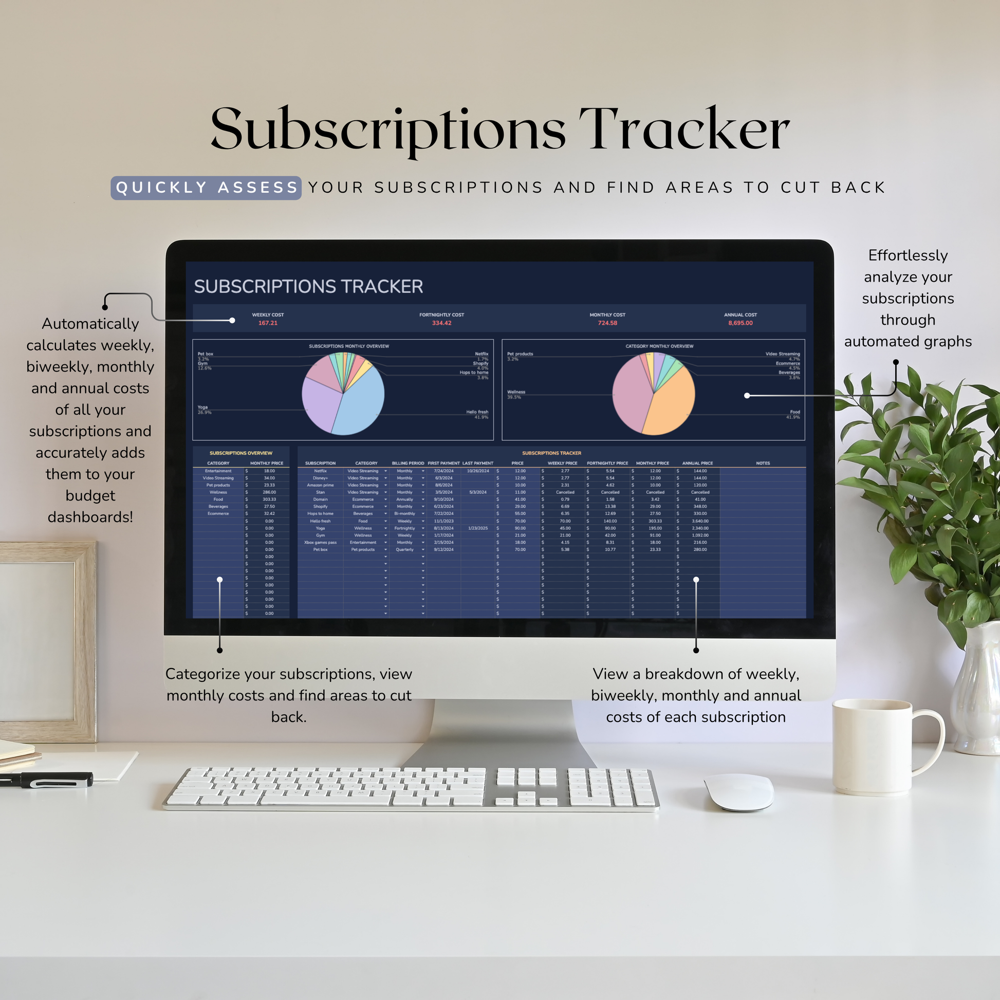 Computer monitor displaying a subscriptions tracker with a desk setup.