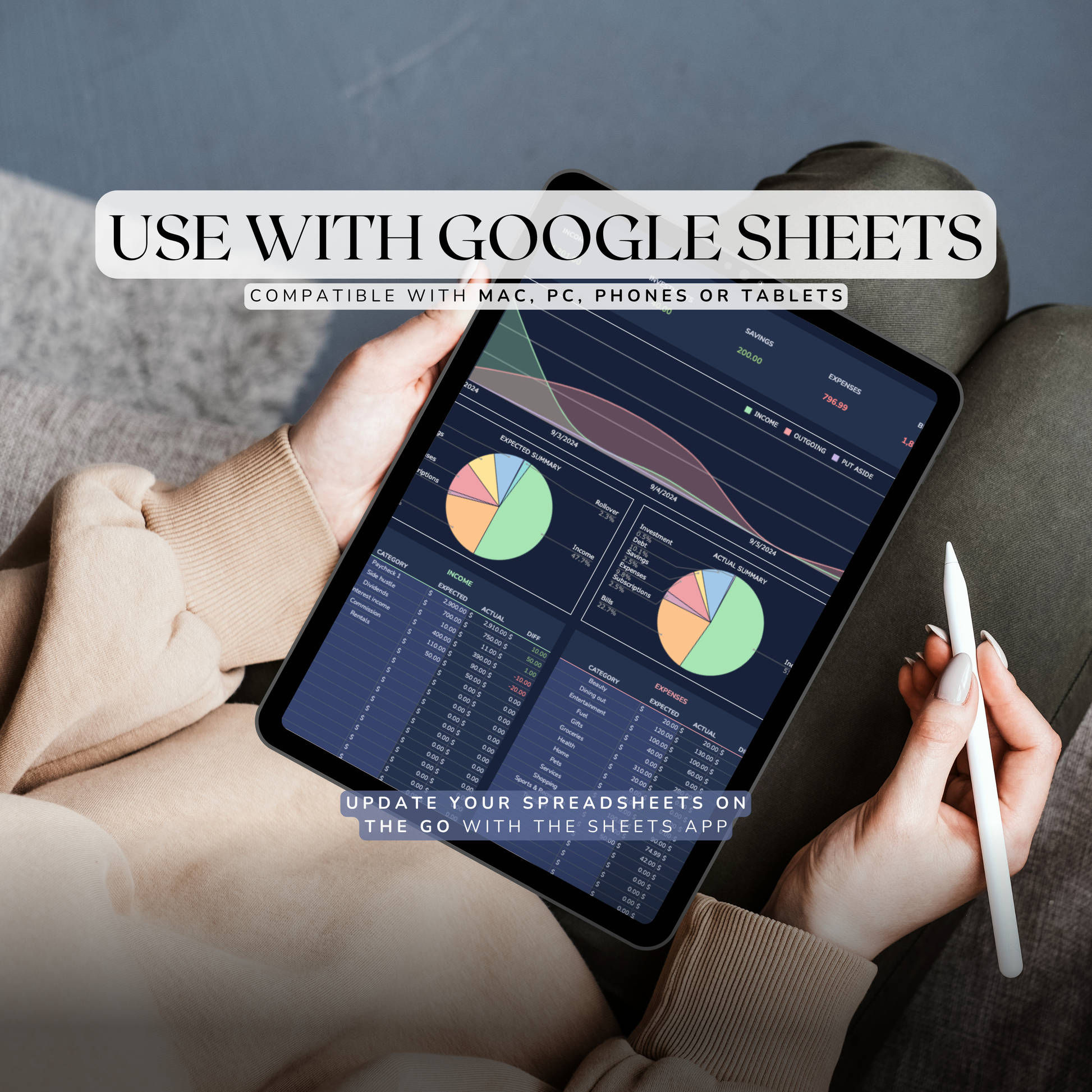 Person holding a tablet with Google Sheets weekly budget tracker open, sitting on a couch.