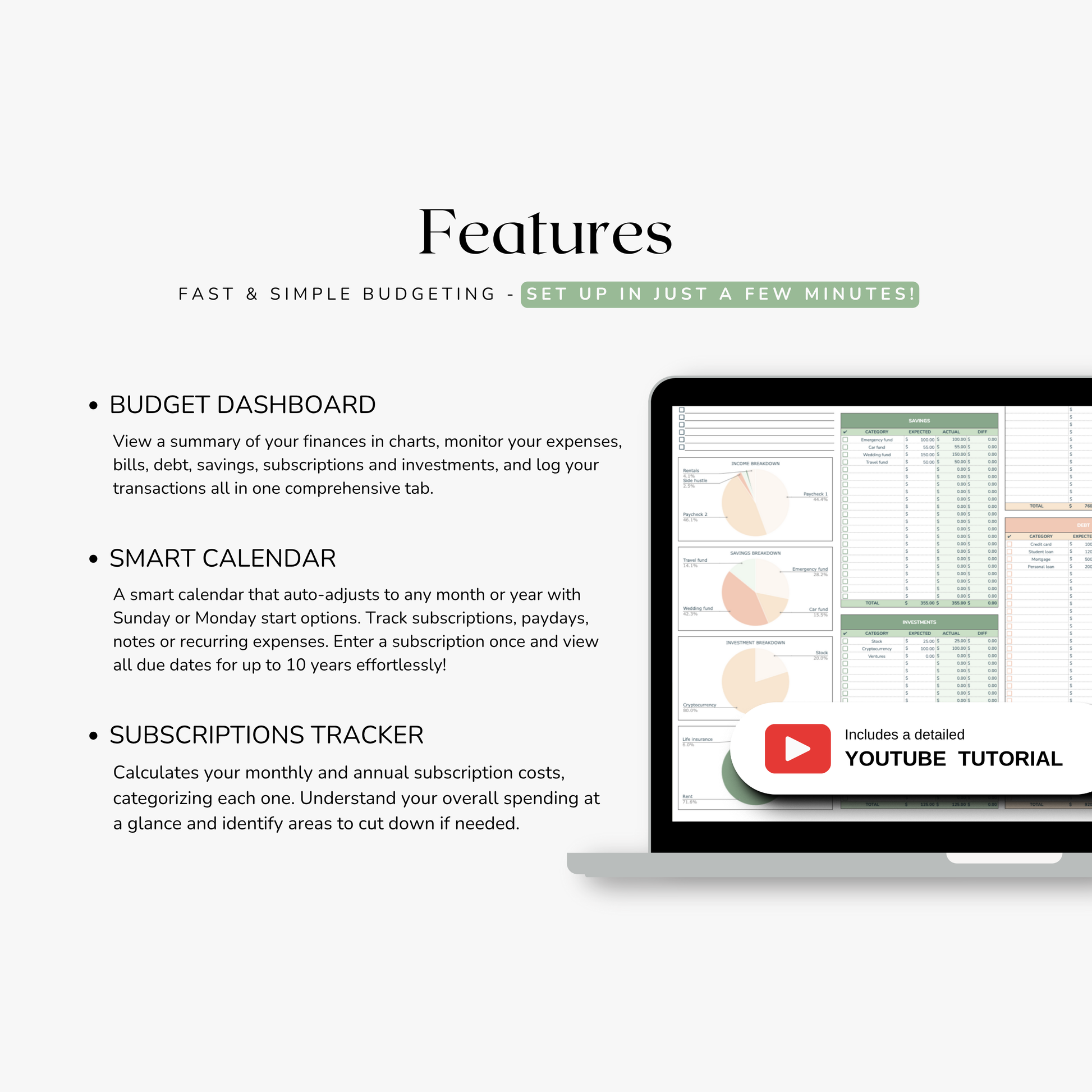 Screen displaying features of a weekly budgeting spreadsheet planner with text and a laptop showing the app interface. Features include a weekly budget planner, smart calendar and subscriptions tracker.