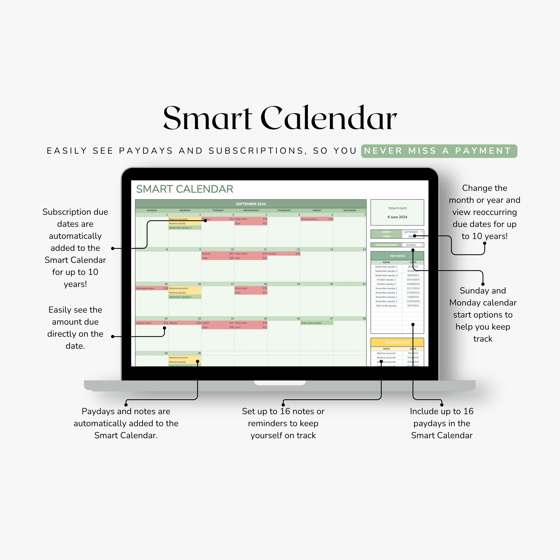 Smart Calendar spreadsheet planner on a computer screen with features highlighted