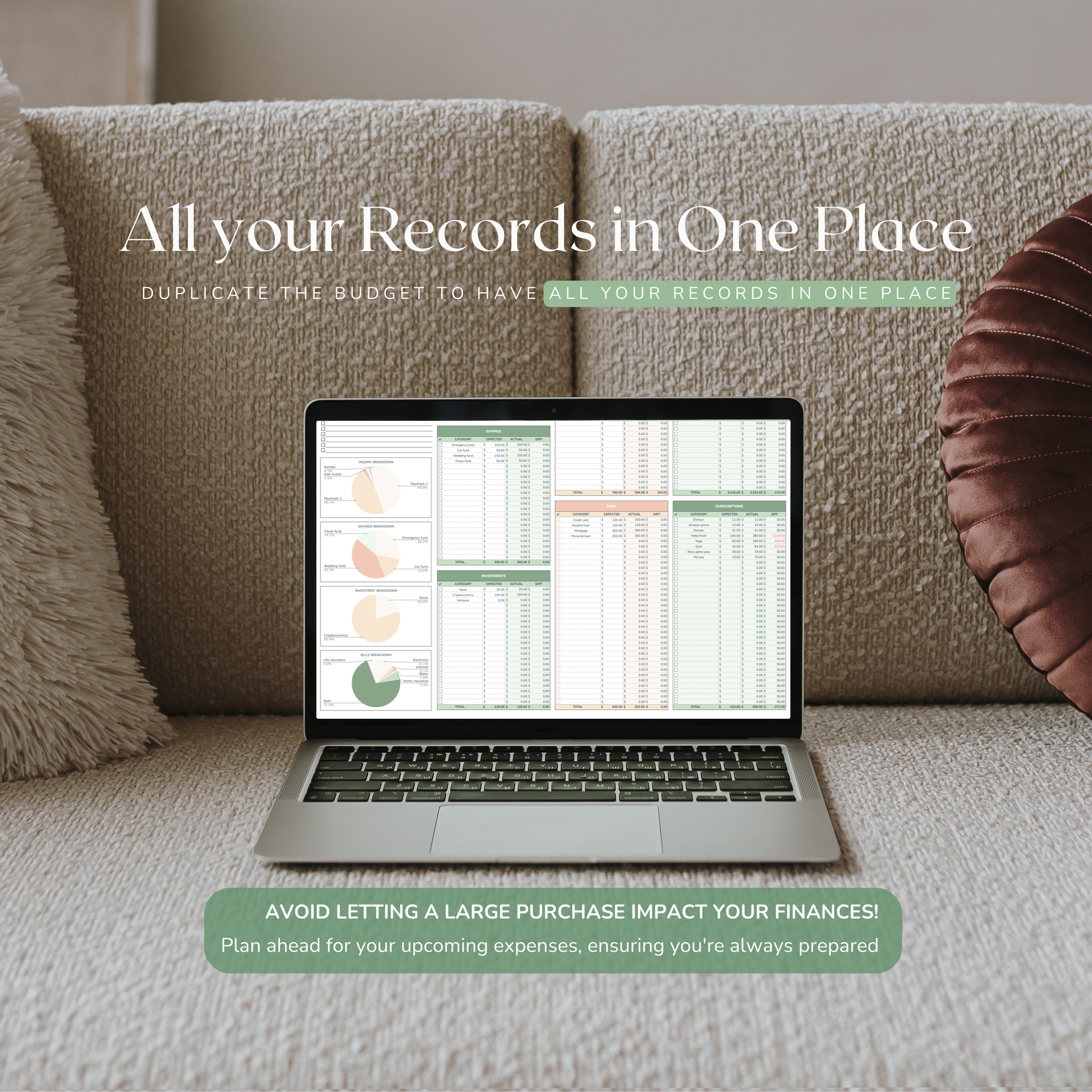 Laptop displaying financial budgeting spreadsheet on a couch with promotional text overlay.