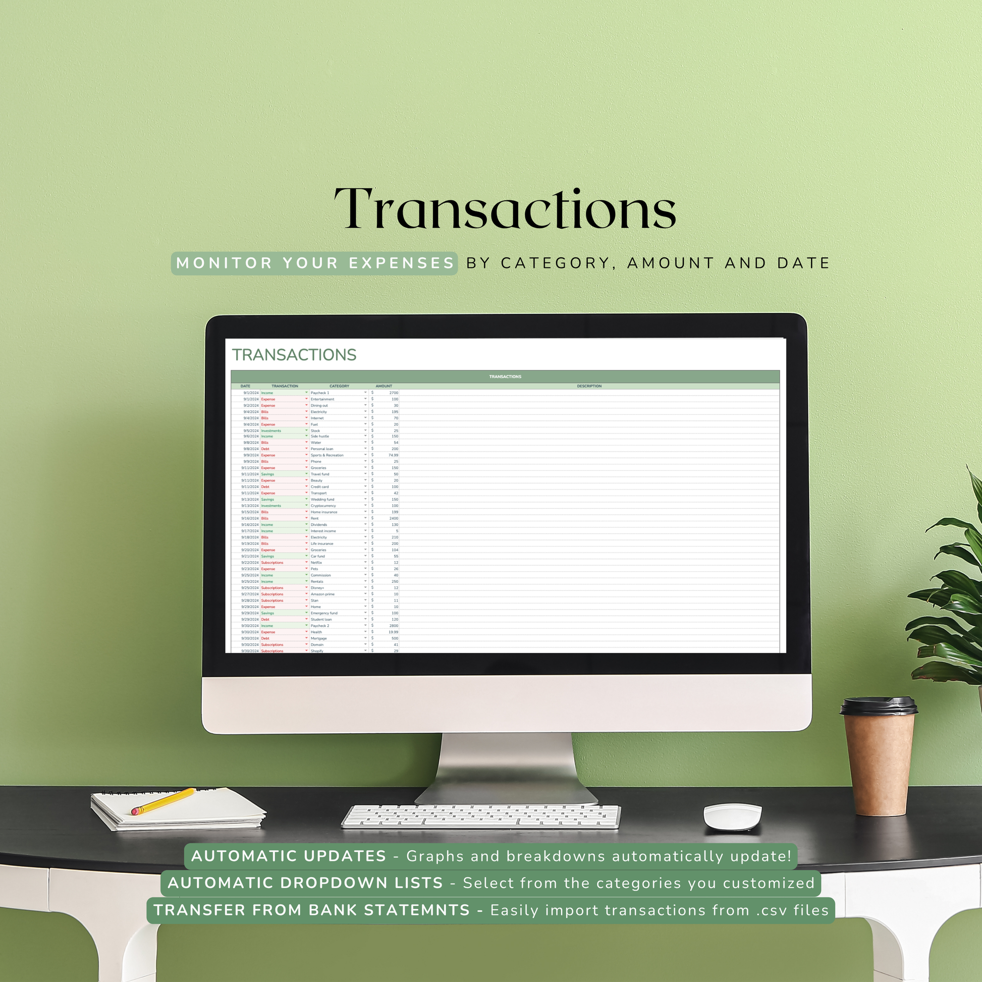 Computer monitor displaying a transaction tracking spreadsheet planner on a desk with a green background