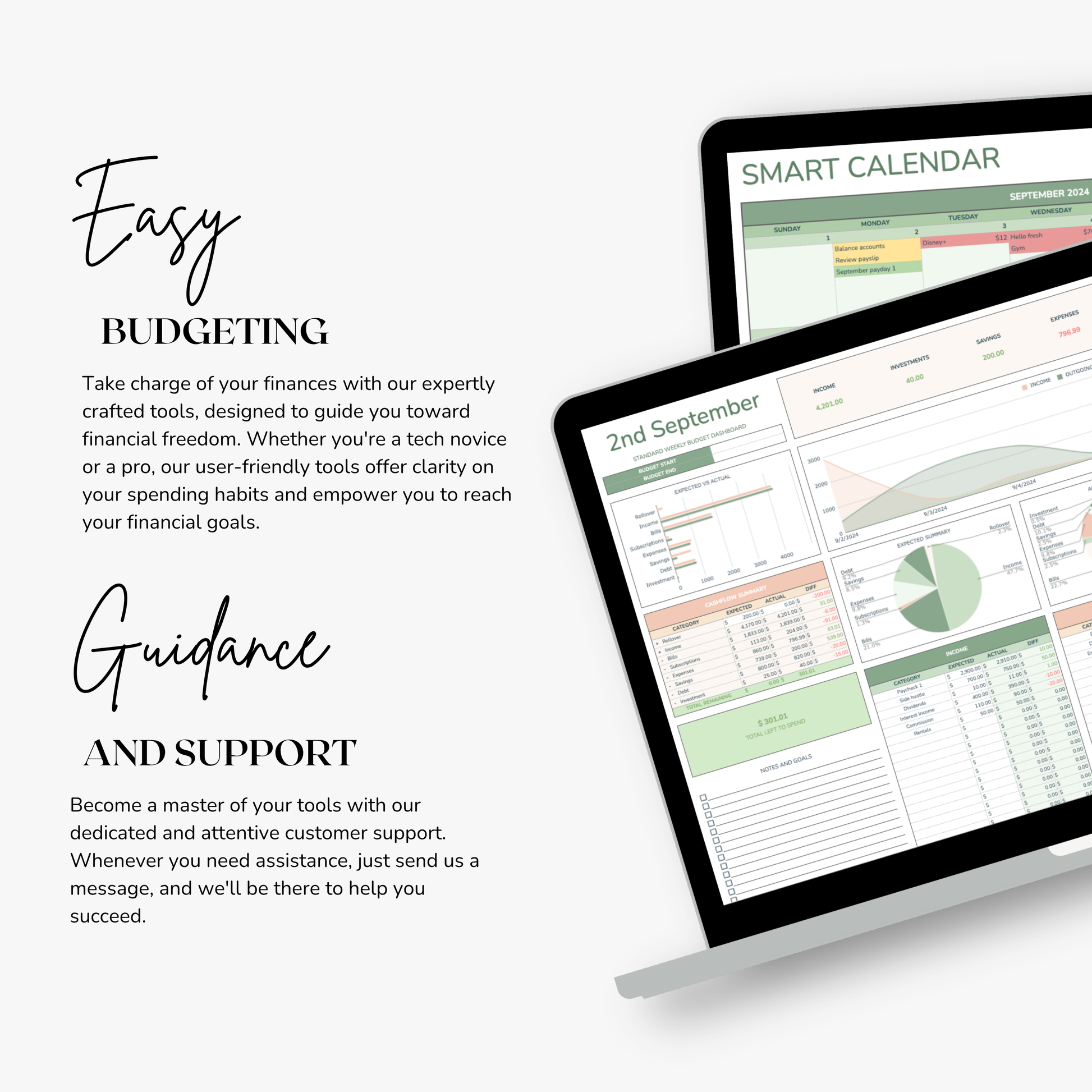Two computer monitors displaying financial management spreadsheet with text about easy budgeting and guidance.