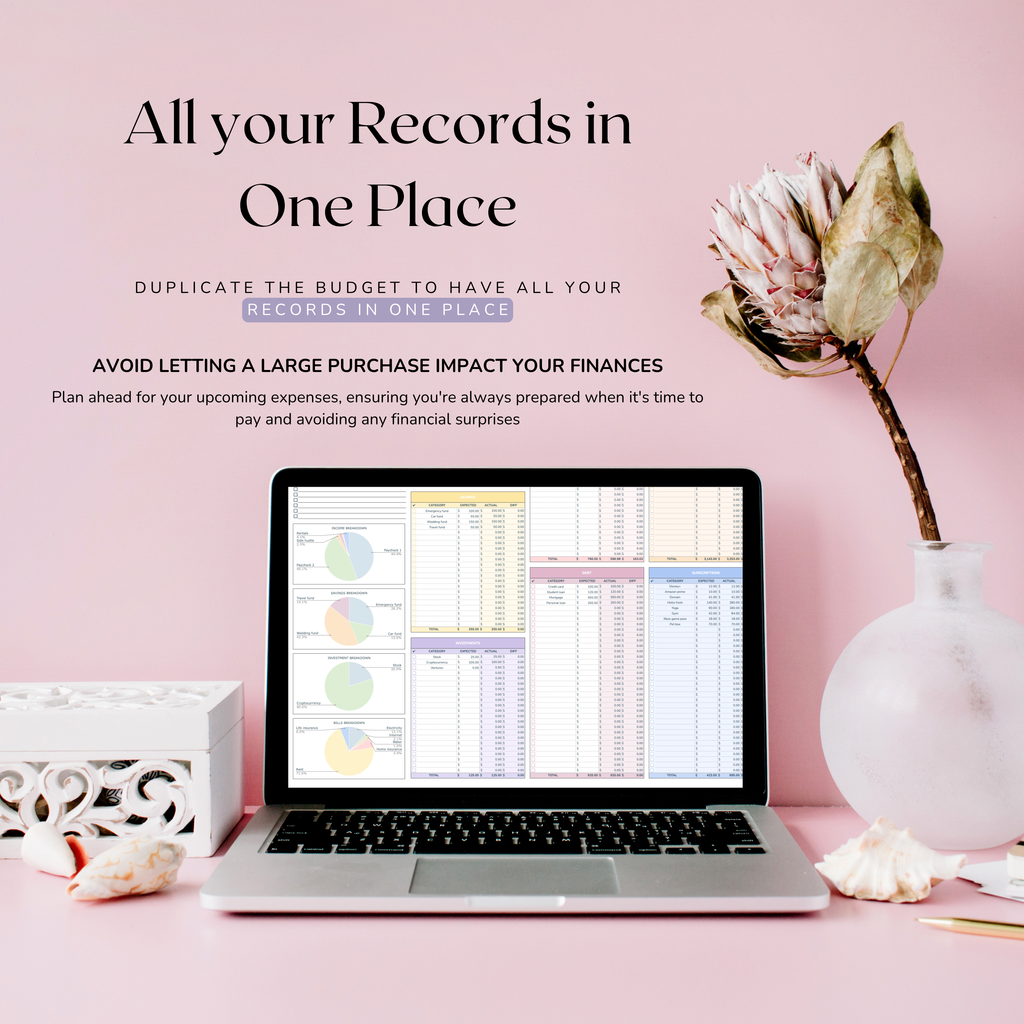 Laptop displaying a weekly budgeting planner spreadsheet on a pink desk with decorative elements