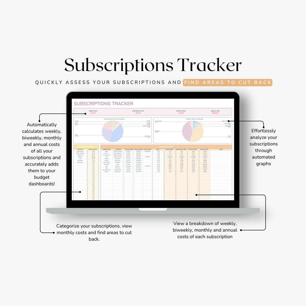 Subscriptions Tracker with a laptop displaying the budget planner on a white background