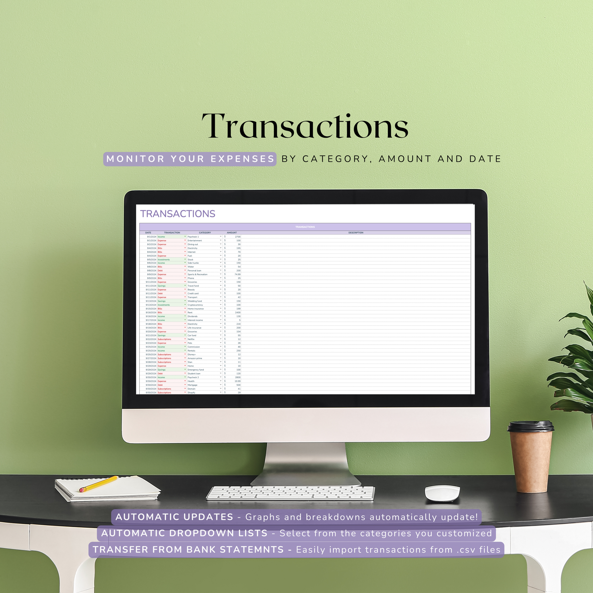 Computer monitor displaying a transaction tracking spreadsheet on a desk with a green wall.