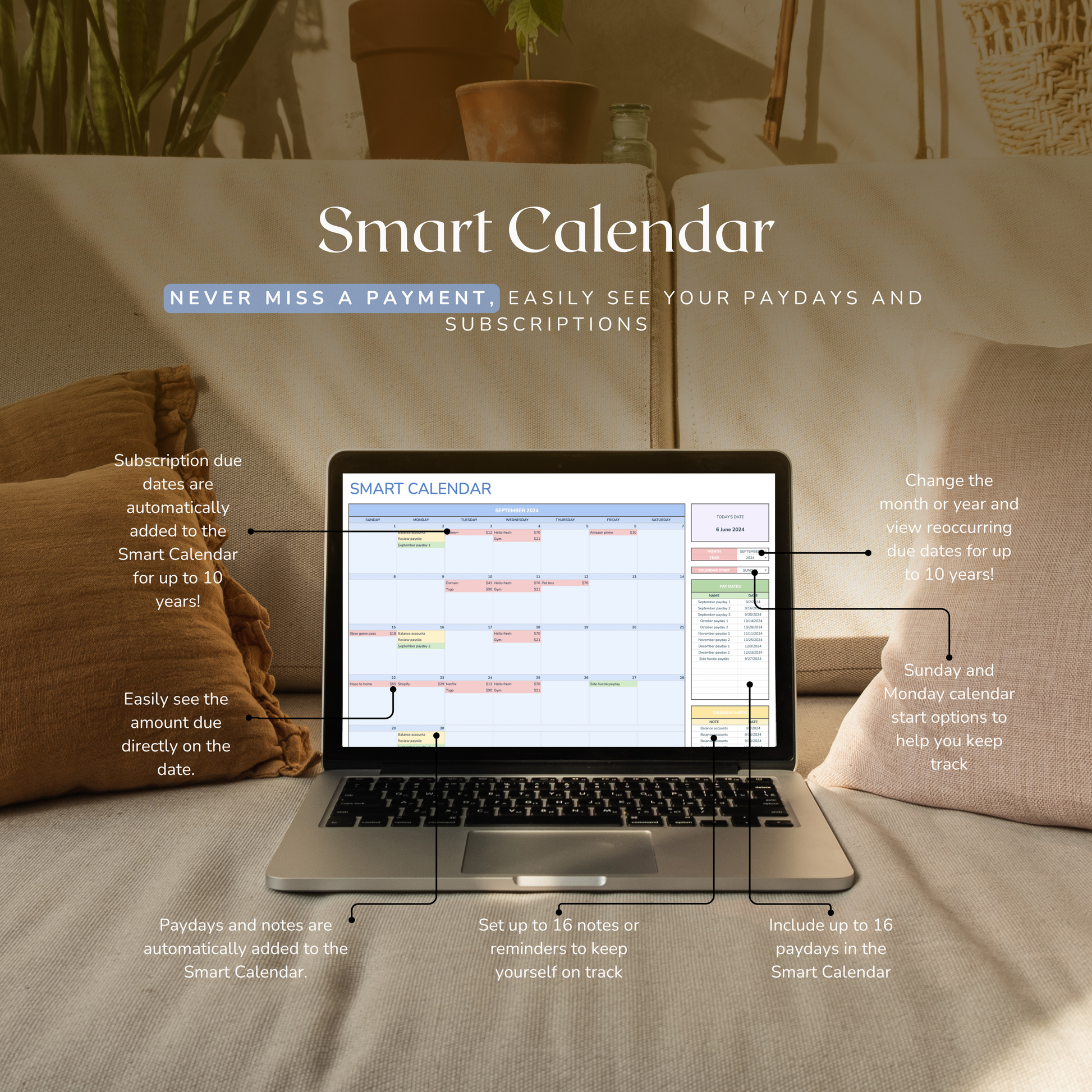 Laptop on a couch displaying a smart calendar spreadsheet planner with lifestyle background