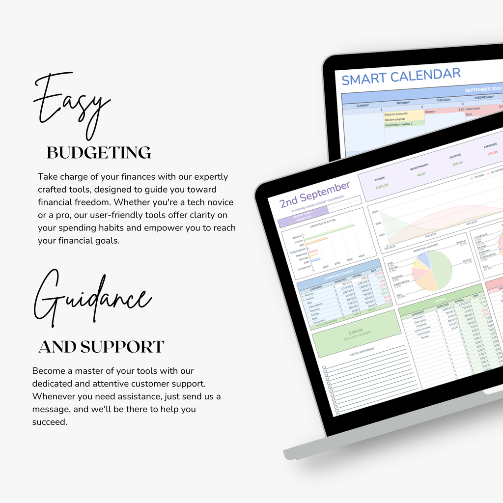 Two computer monitors displaying a budgeting template planner with text about easy budgeting and guidance.