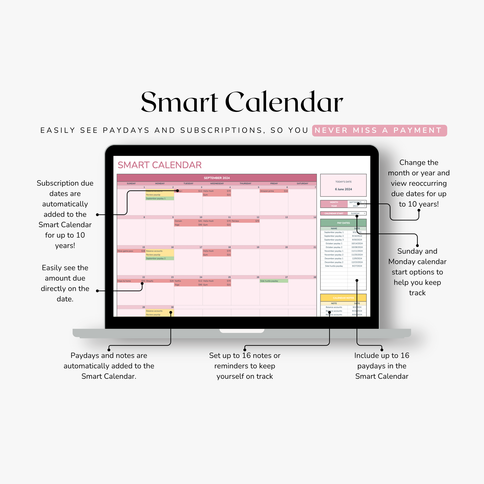Smart Calendar weekly spreadsheet interface on a computer screen with features listed on the right.
