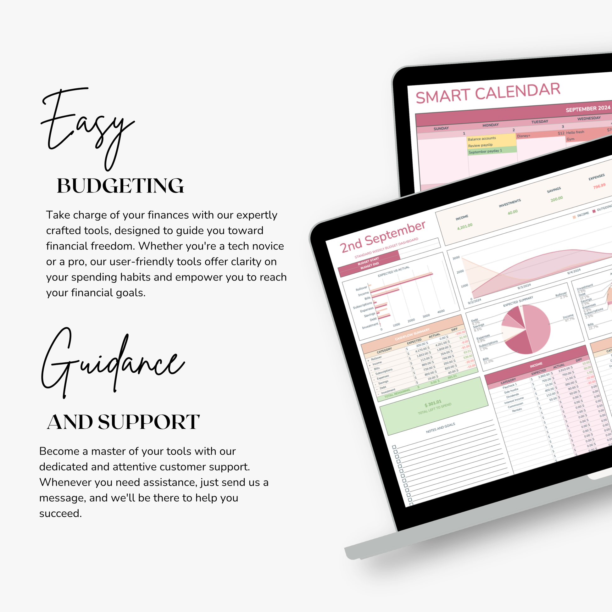 Smart calendar weekly budget spreadsheet extension on a laptop screen with text about easy budgeting and guidance.
