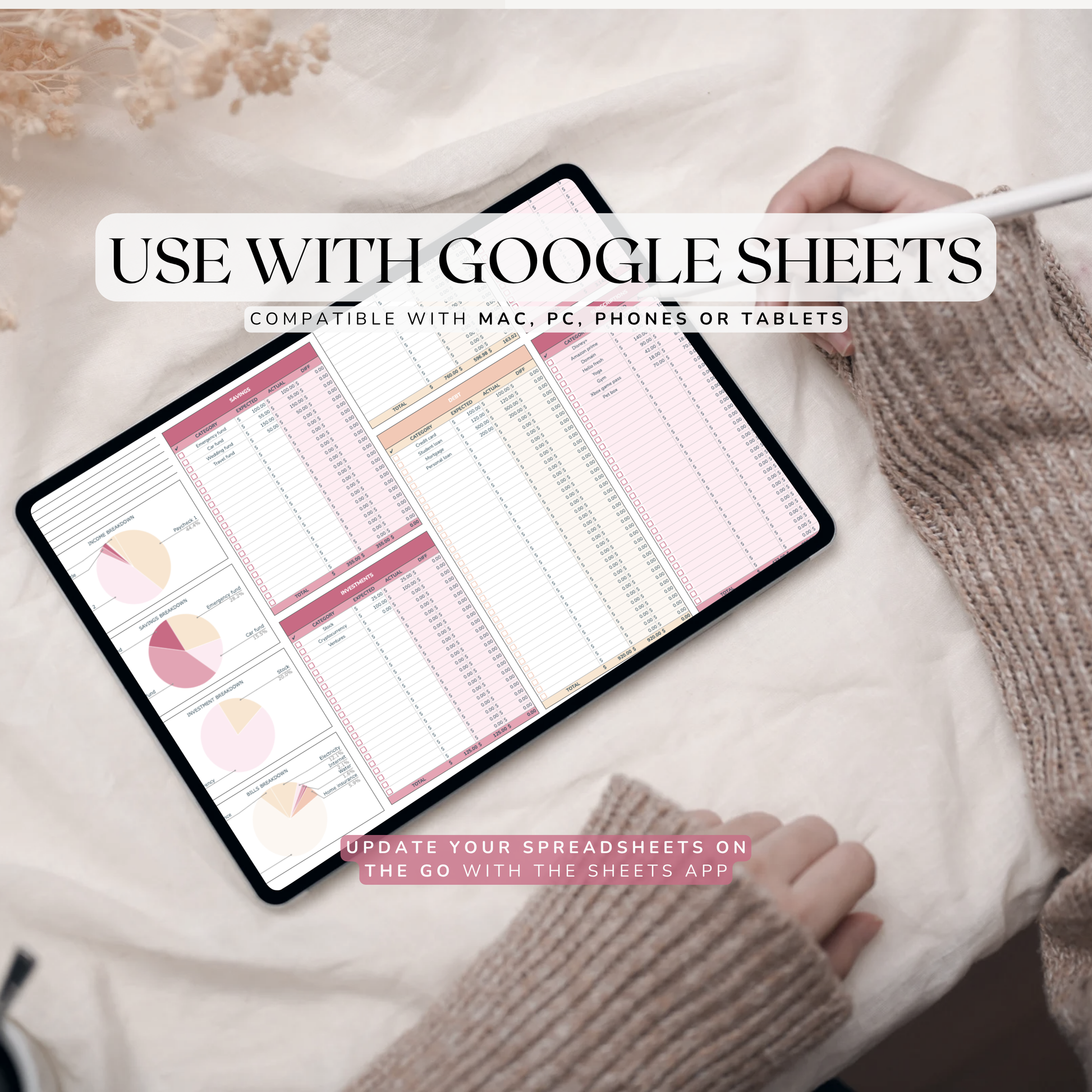 Person using a tablet with Google Sheets on a white surface, wearing a brown sweater.