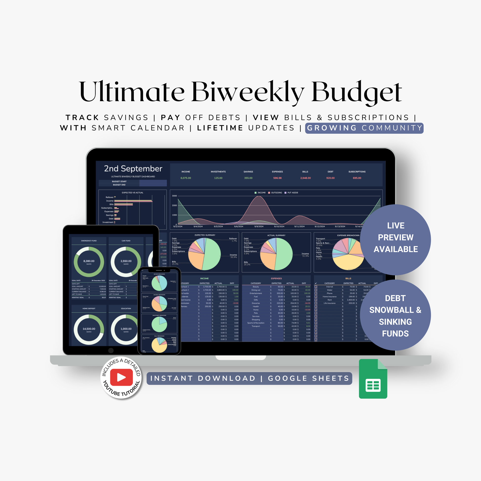 Ultimate Biweekly Budget with a computer screen displaying budgeting spreadsheet. Also known as a fortnightly budget, bi weekly budget or 2 weekly budget