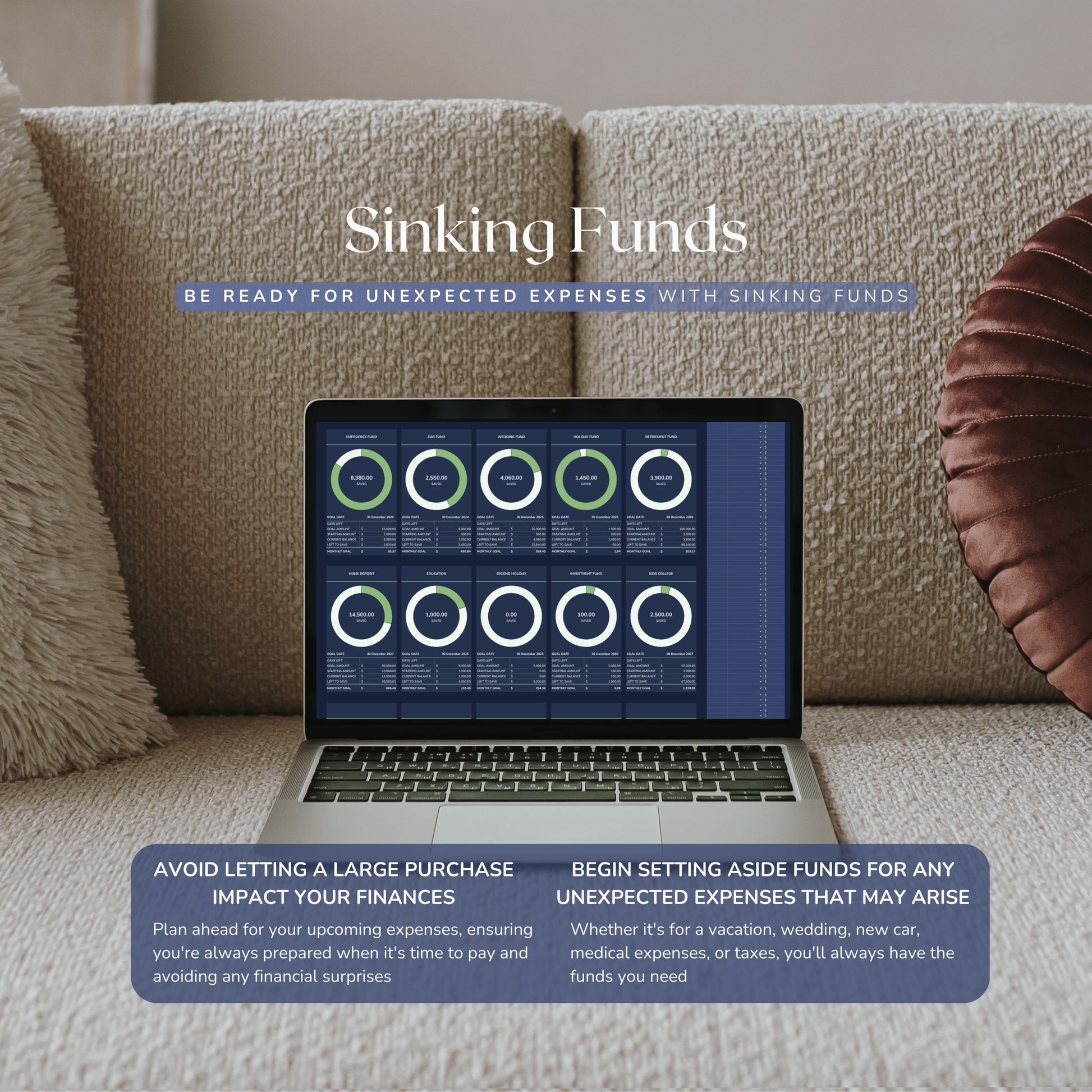 Laptop on a couch displaying a google sheets budget tracker with text about sinking Funds.