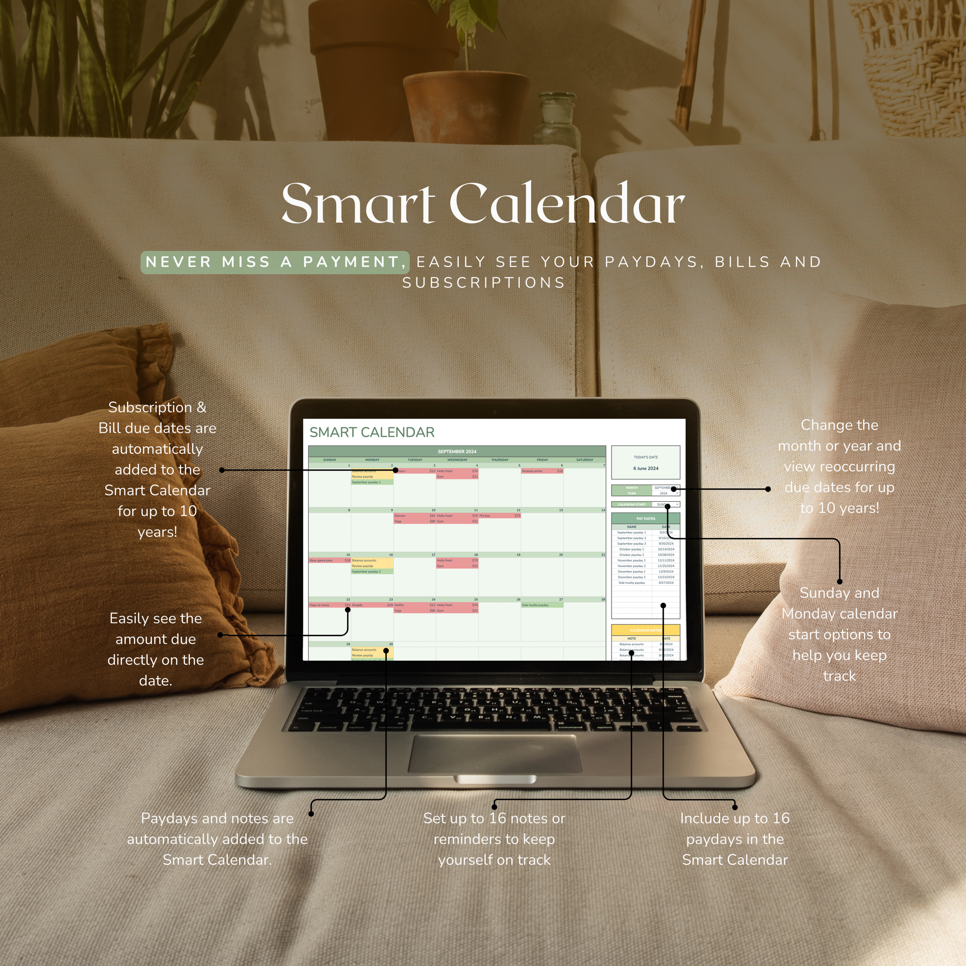 Laptop on a couch displaying a smart calendar excel spreadsheet with lifestyle background.