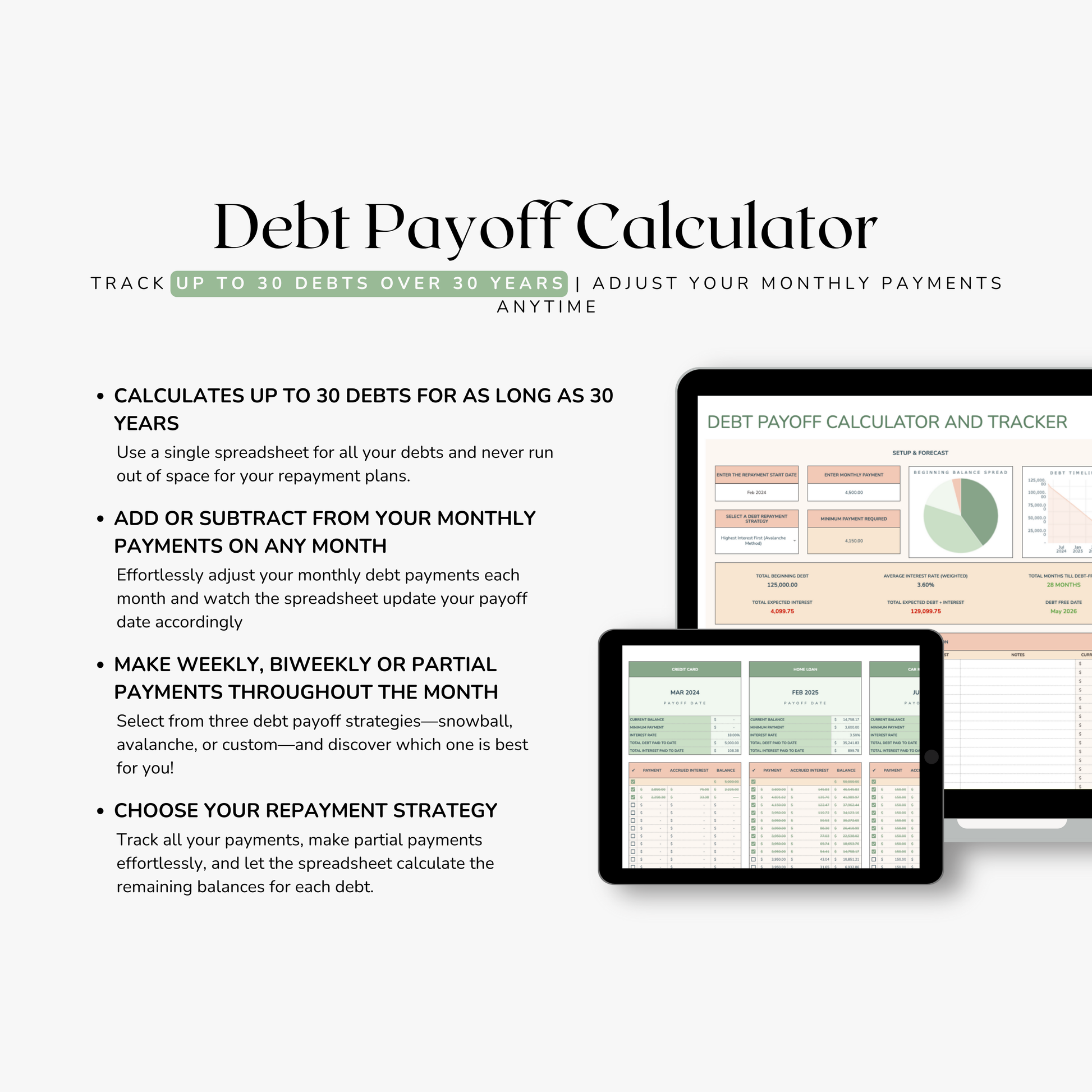 Debt payoff calculator spreadsheet with tablet and computer display on a white background