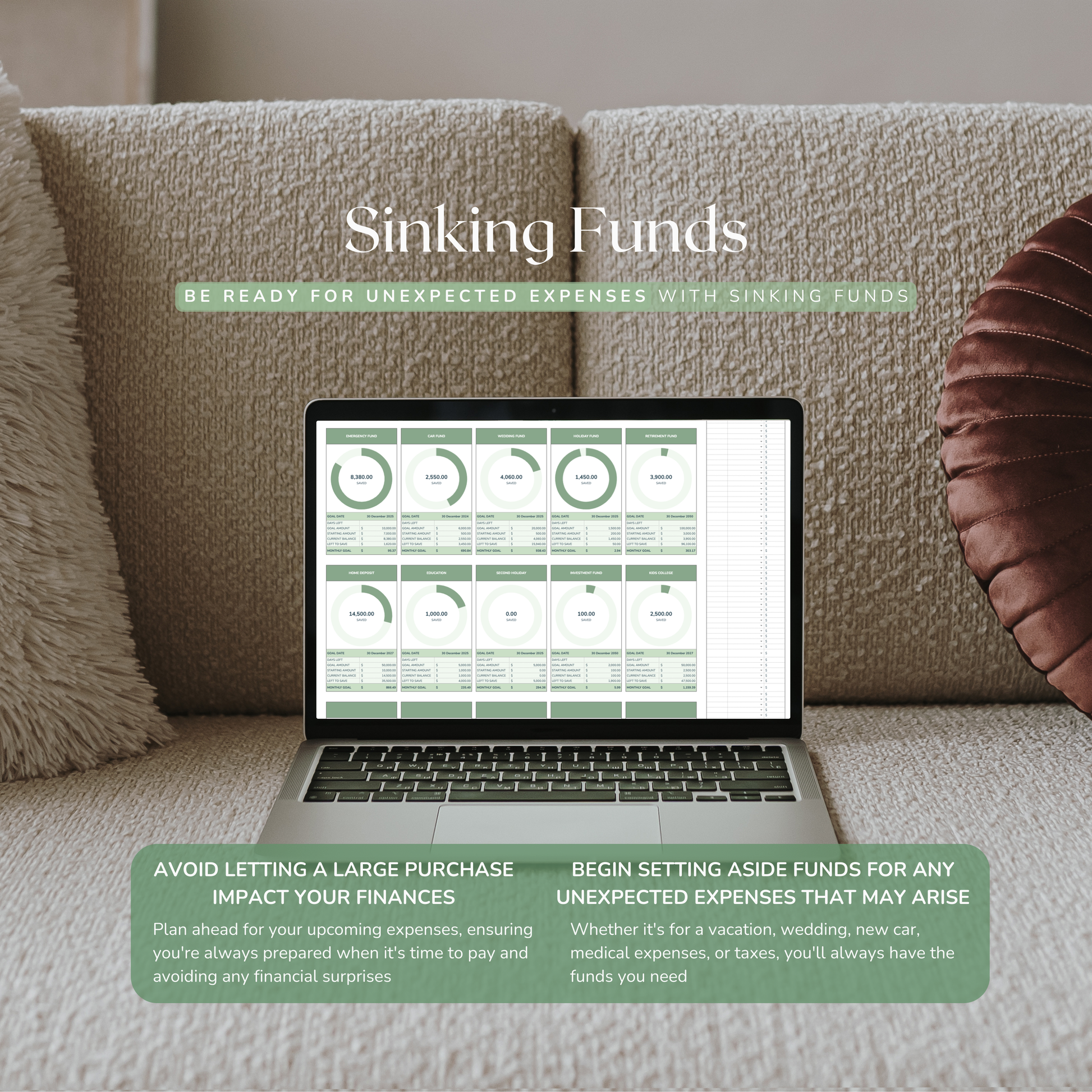 Laptop on a couch displaying a google sheets sinking funds tracker with text about sinking funds otherwise known as savings tracker.