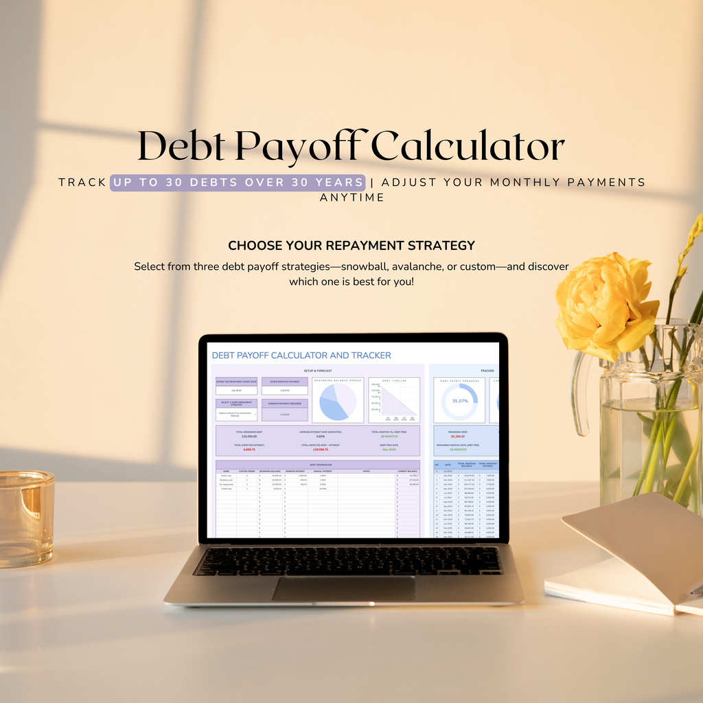 Laptop displaying a debt payoff calculator on a desk with a vase of flowers.