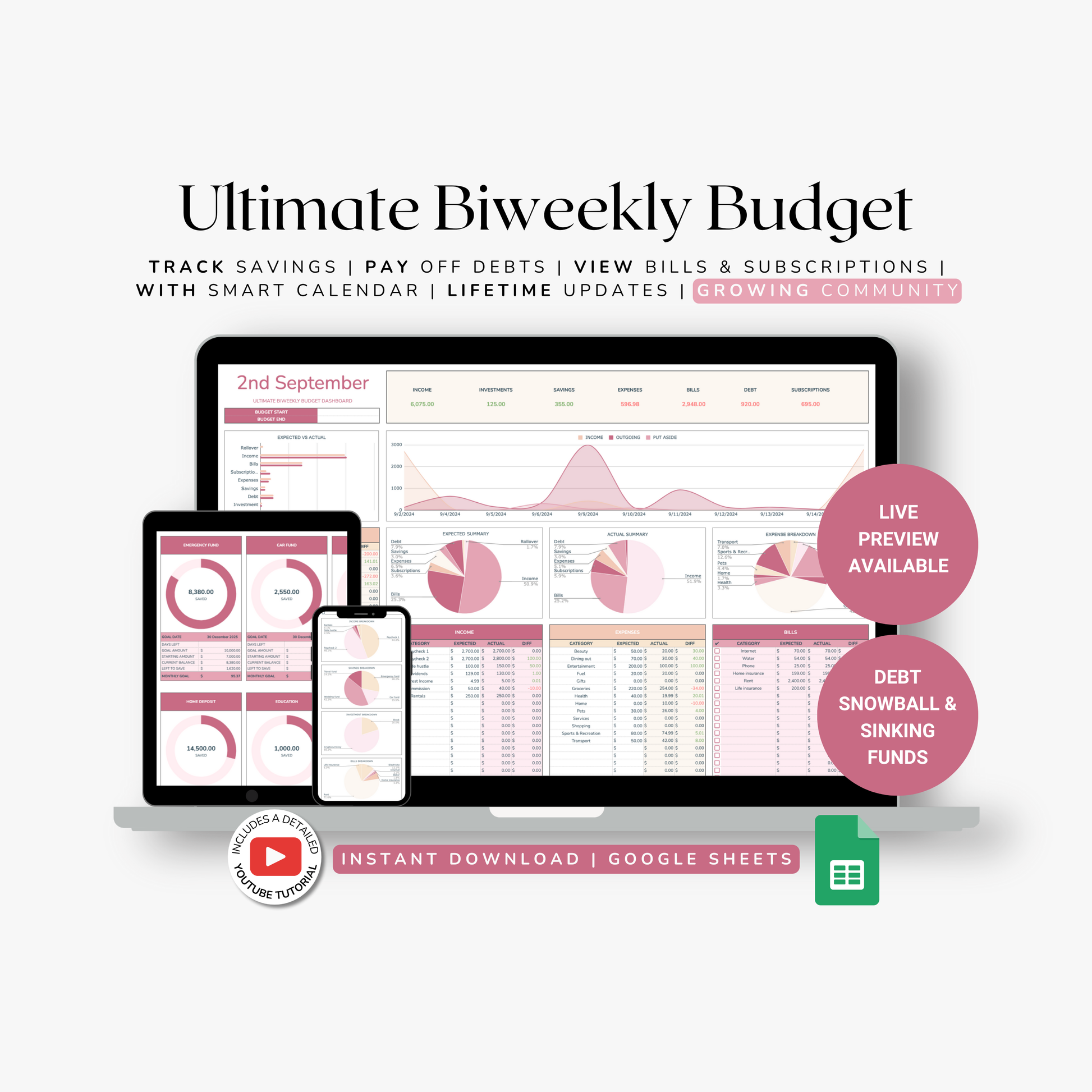 Ultimate Biweekly Budget spreadsheet with a laptop, tablet, and smartphone displaying budgeting software.