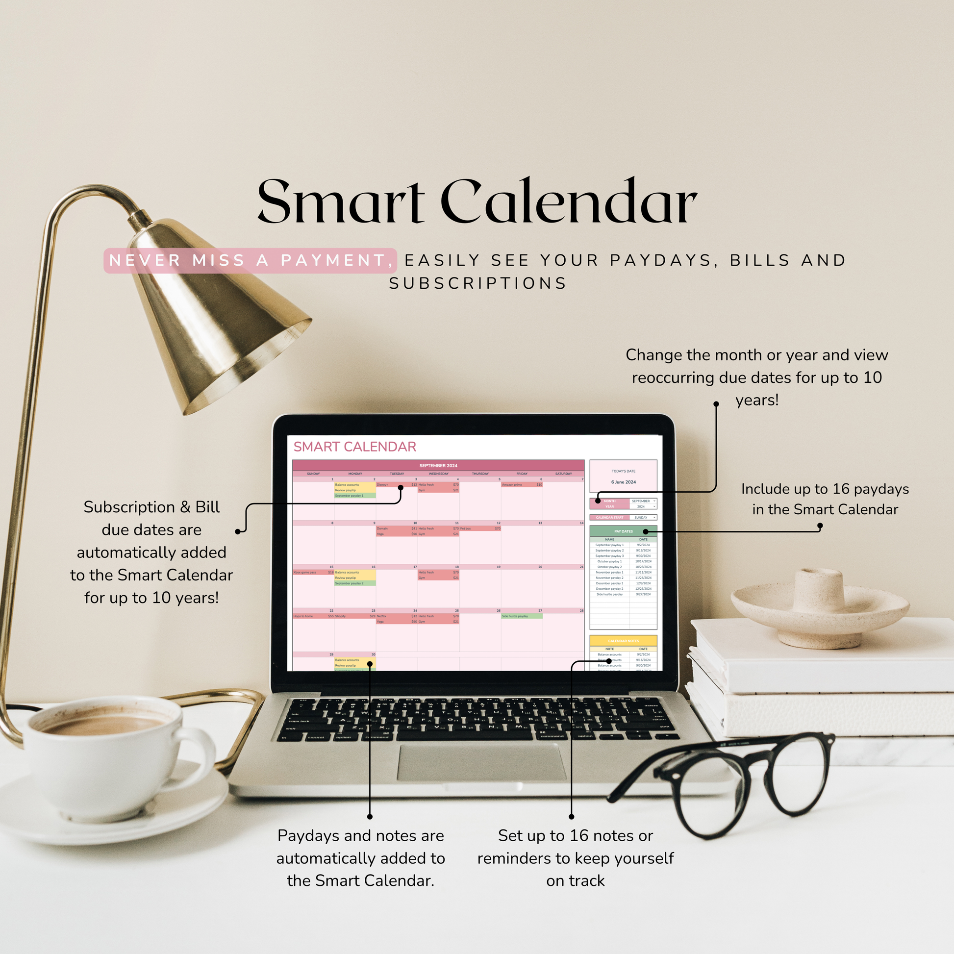 Laptop displaying a smart calendar spreadsheet with various features highlighted, on a desk with a lamp and coffee cup.