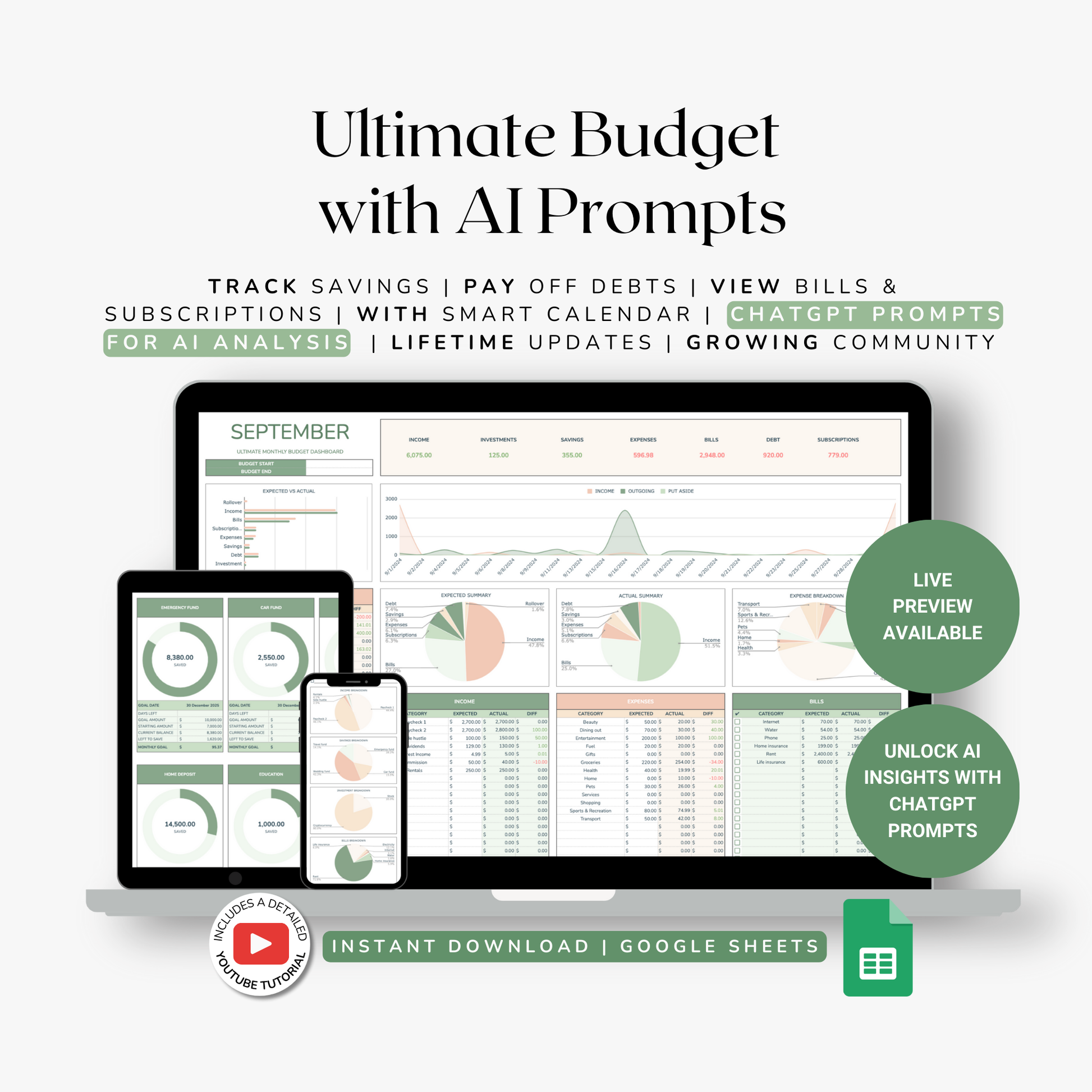 Product packaging for 'Ultimate Budget with AI Prompts' showing a computer screen, tablet, and phone displaying budgeting software.