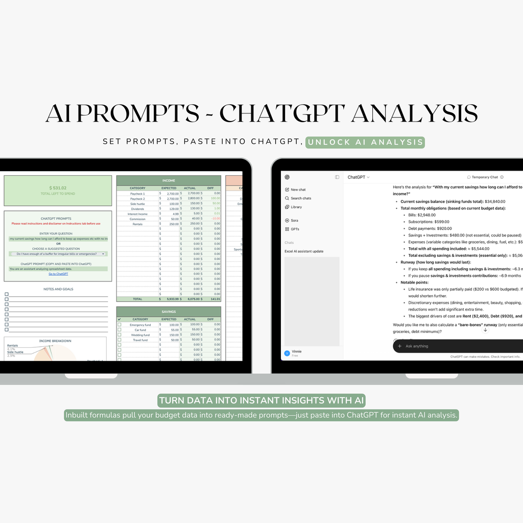 Two computer monitors displaying AI prompts and ChatGPT analysis on a white background.