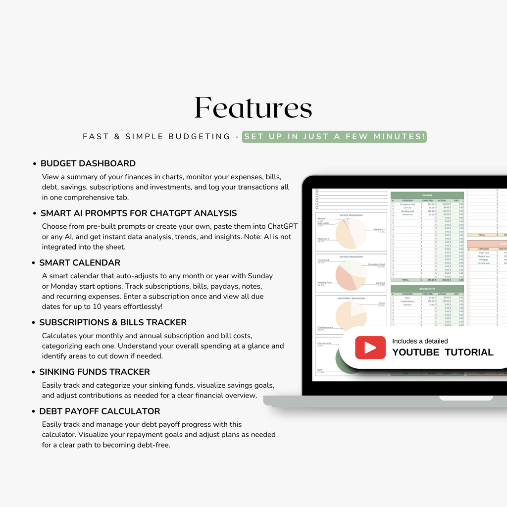 Screen displaying features of a financial management app with a YouTube tutorial icon.