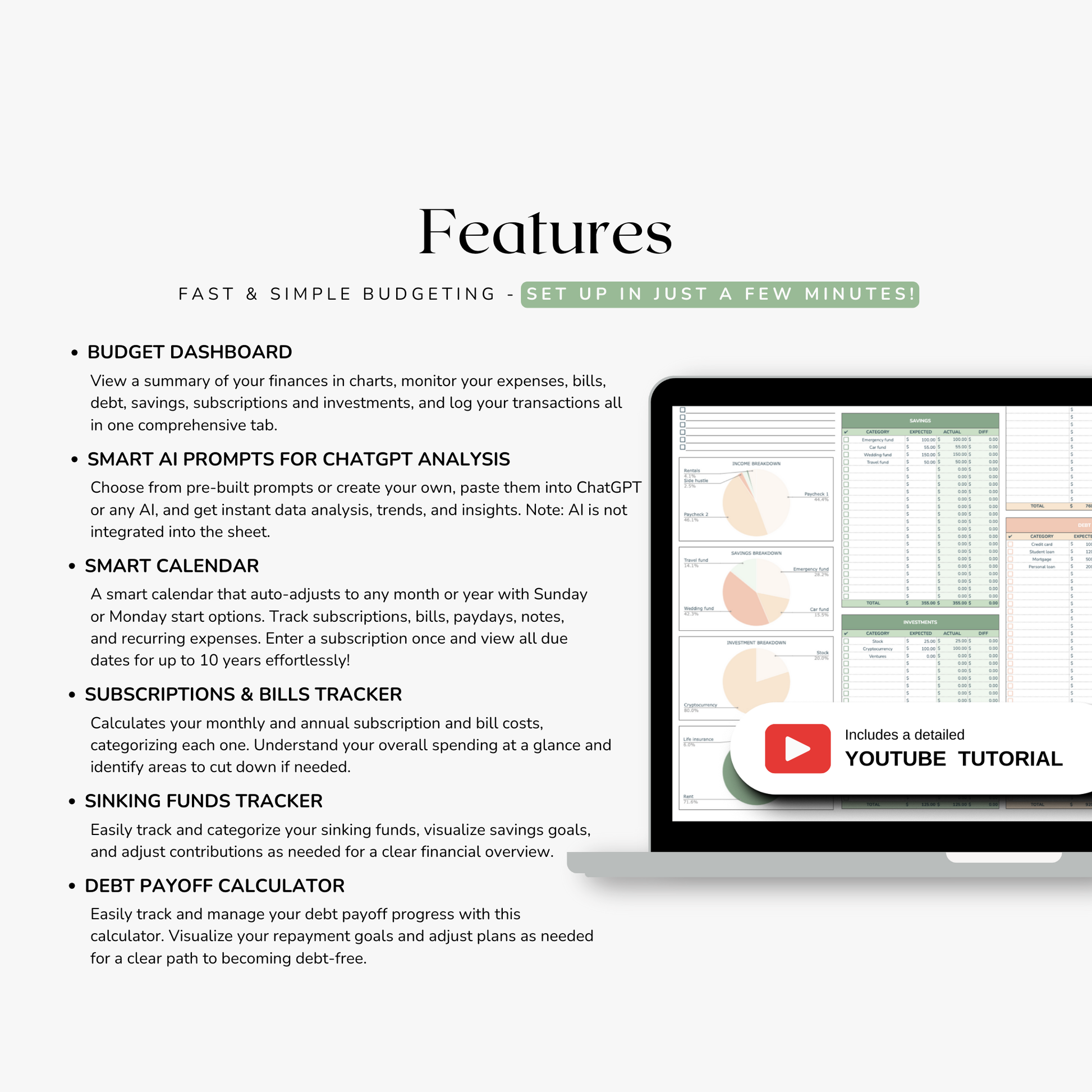 Screen displaying features of a financial management app with a YouTube tutorial icon.