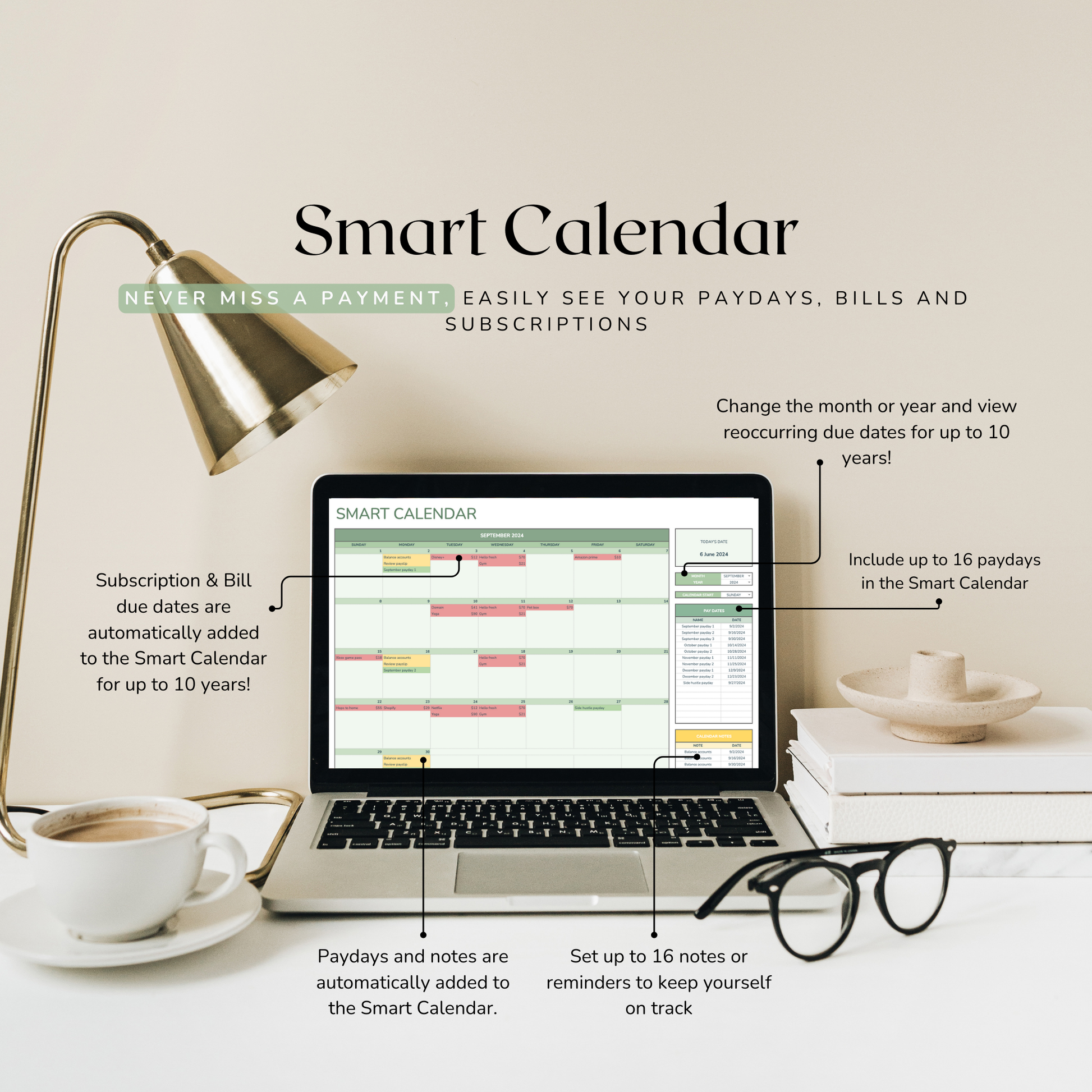 Laptop displaying a smart calendar with various features highlighted, placed on a desk with a lamp and coffee cup.