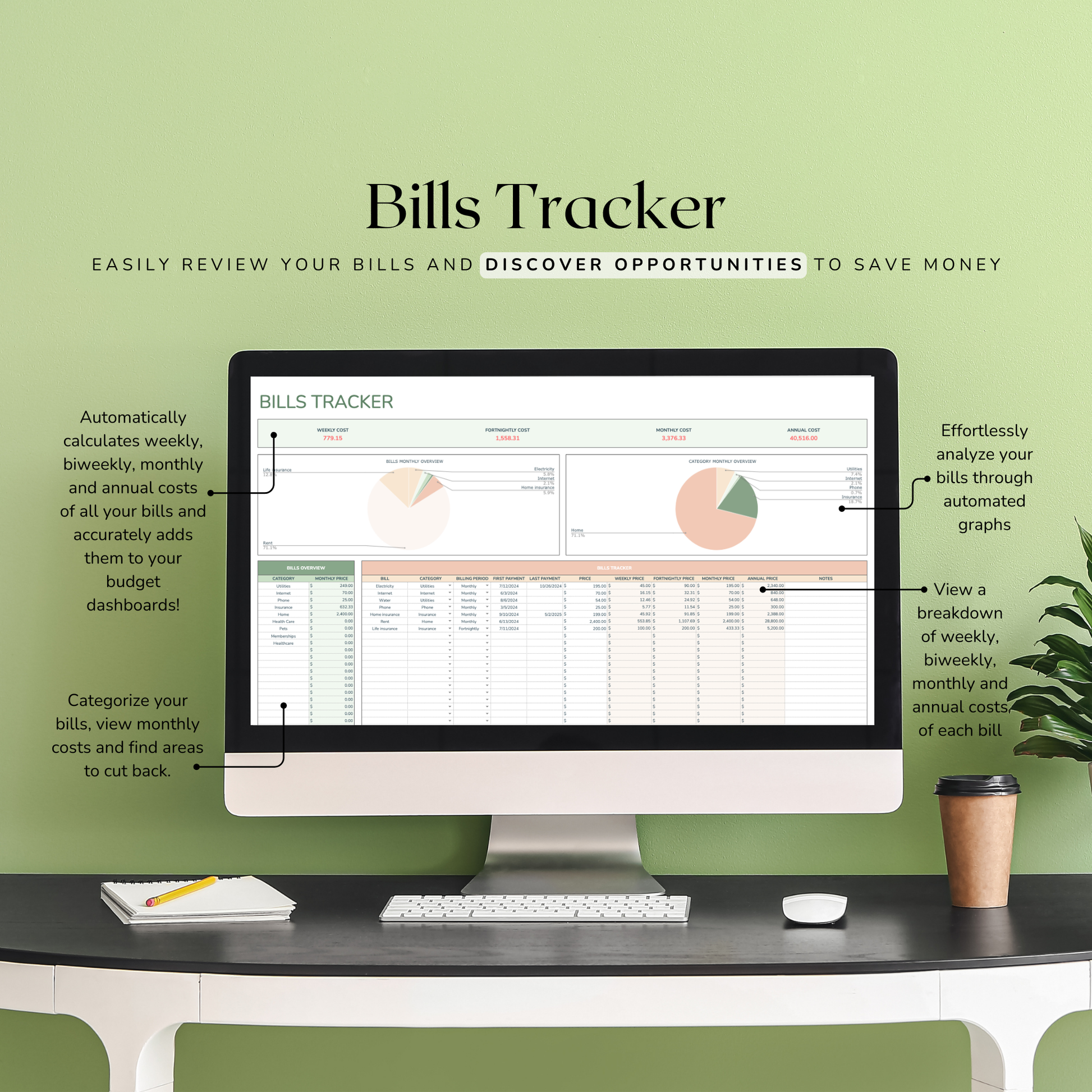 Computer monitor displaying a bills tracker software on a green background