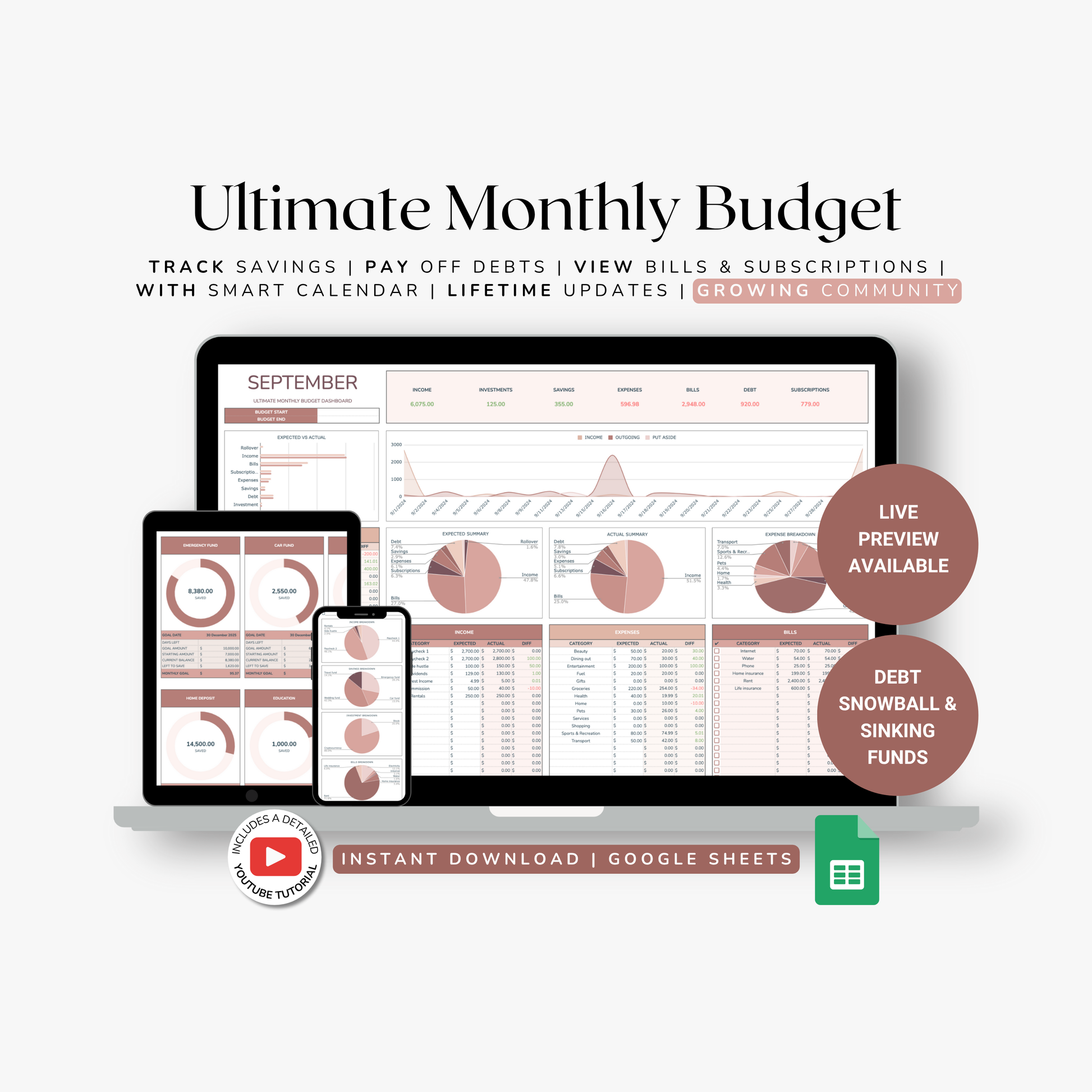 Ultimate Monthly Budget spreadsheet template with laptop, tablet, and smartphone displaying budgeting tools on a white background.