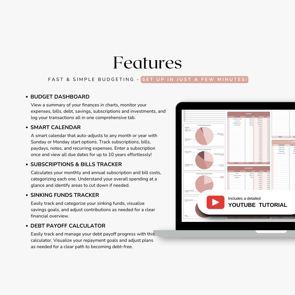 Screen displaying features of a excel budget planner with a tablet showing app interface.