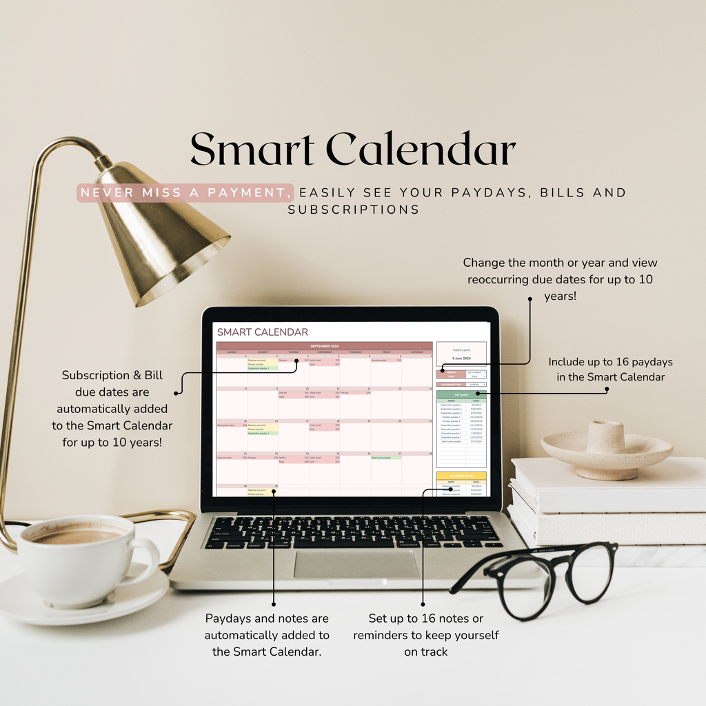 Laptop displaying an excel smart calendar tracker with various features highlighted, placed on a desk with a lamp and coffee cup.