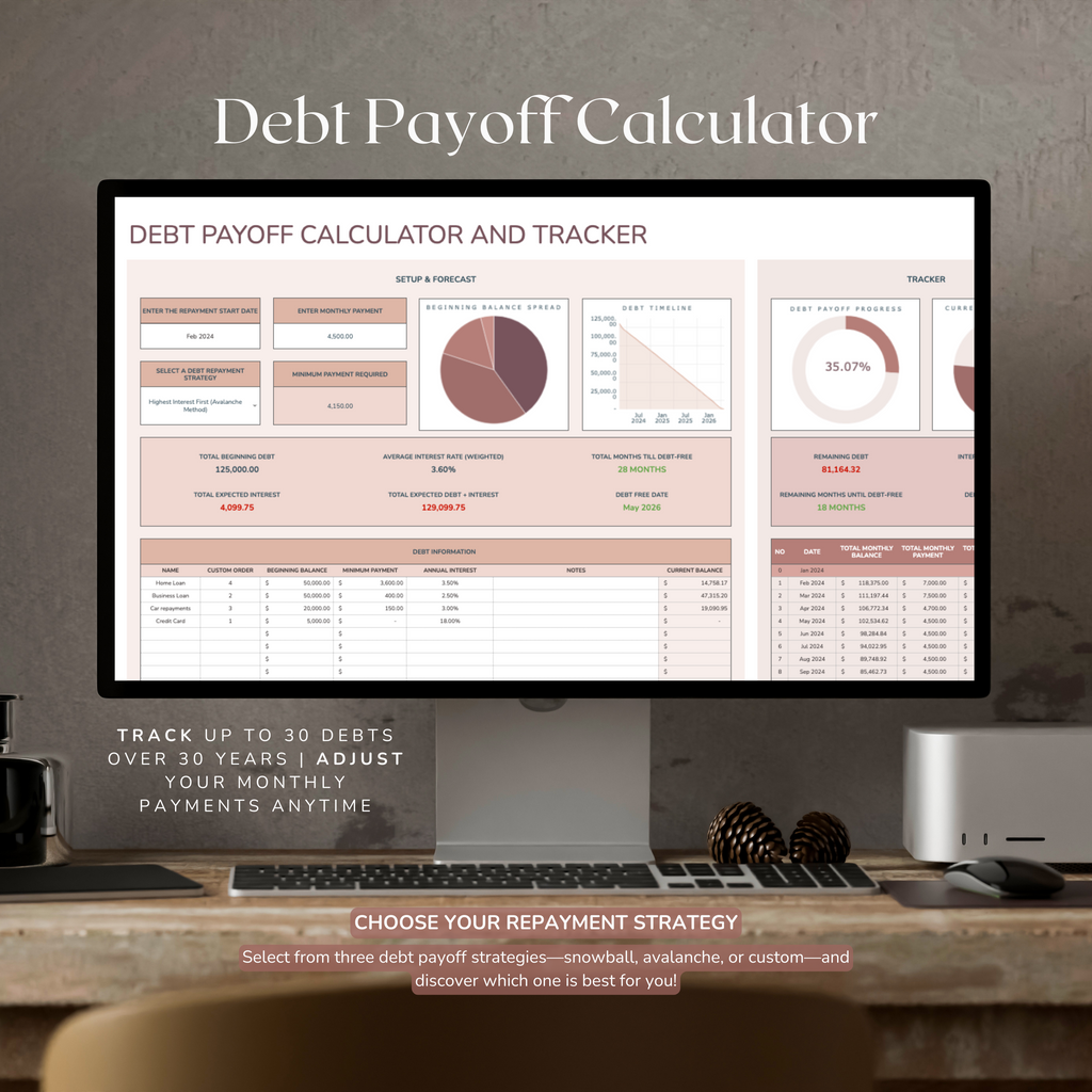 Computer monitor displaying a debt payoff calculator in google sheets on a desk.
