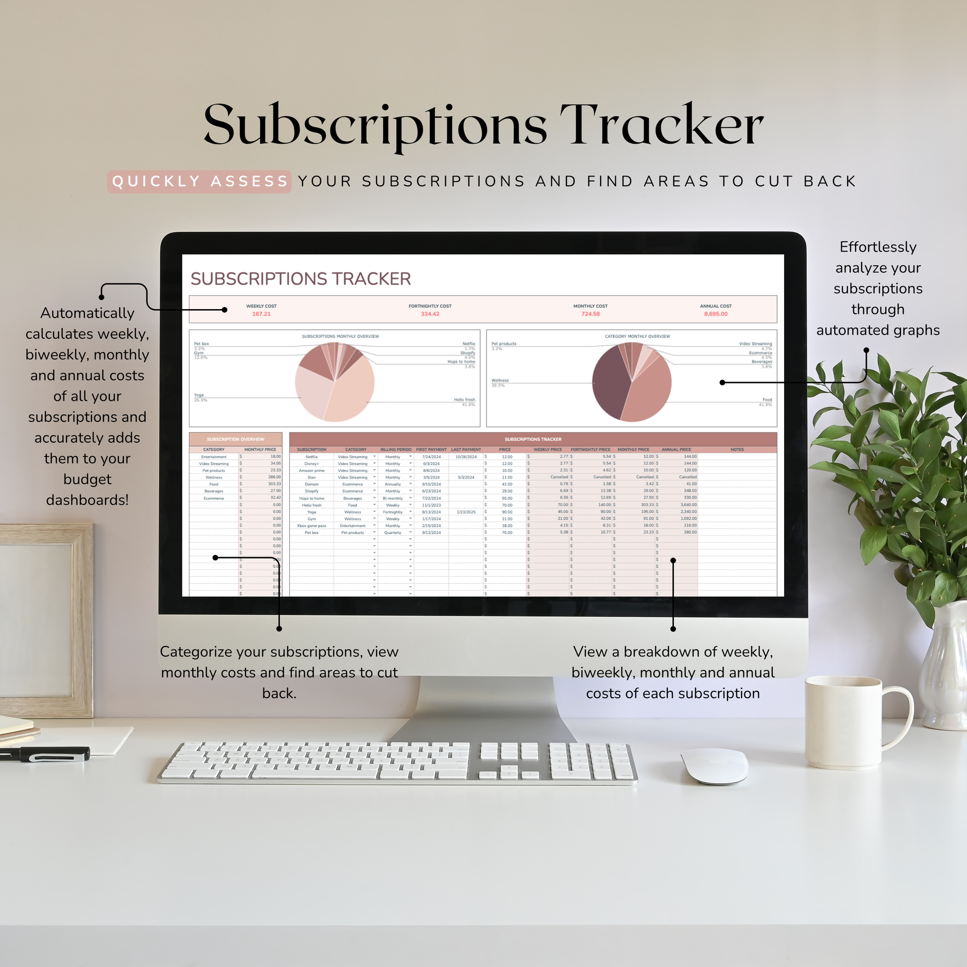 Computer monitor displaying a subscriptions tracker in gogole sheets with graphs and tables on a desk.