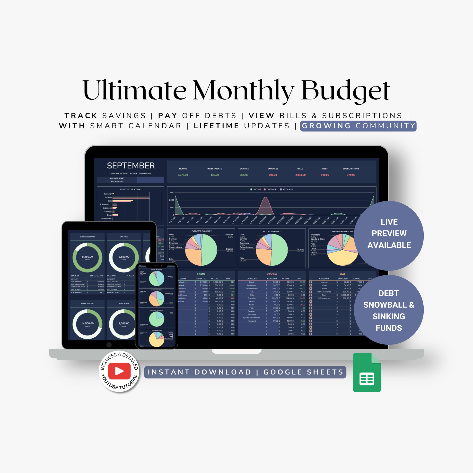 Promotional graphic for 'Ultimate Monthly Budget' with a computer screen displaying budgeting google sheets.