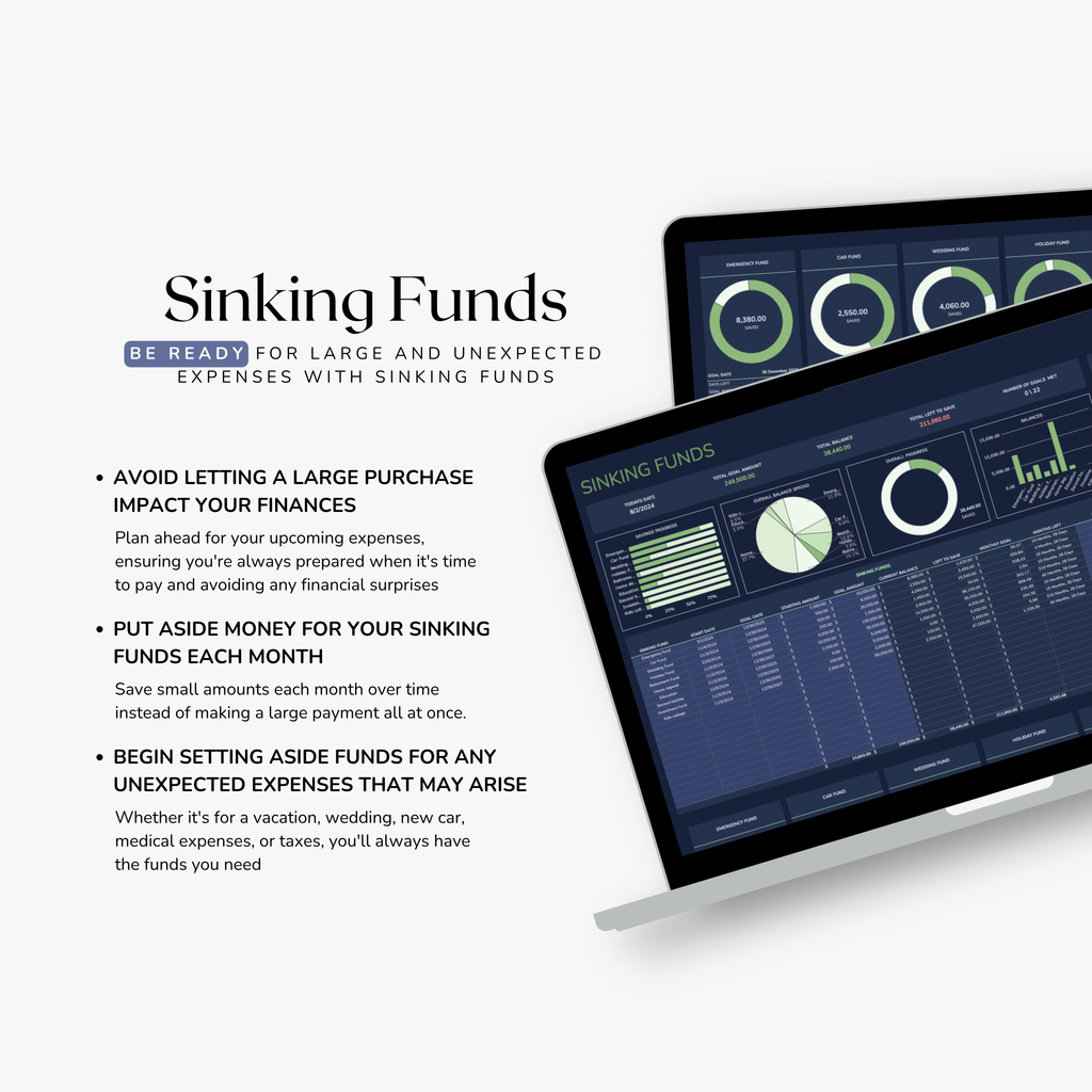 Laptop displaying a financial management excel spreadsheet for a sinking funds tracker on a white background