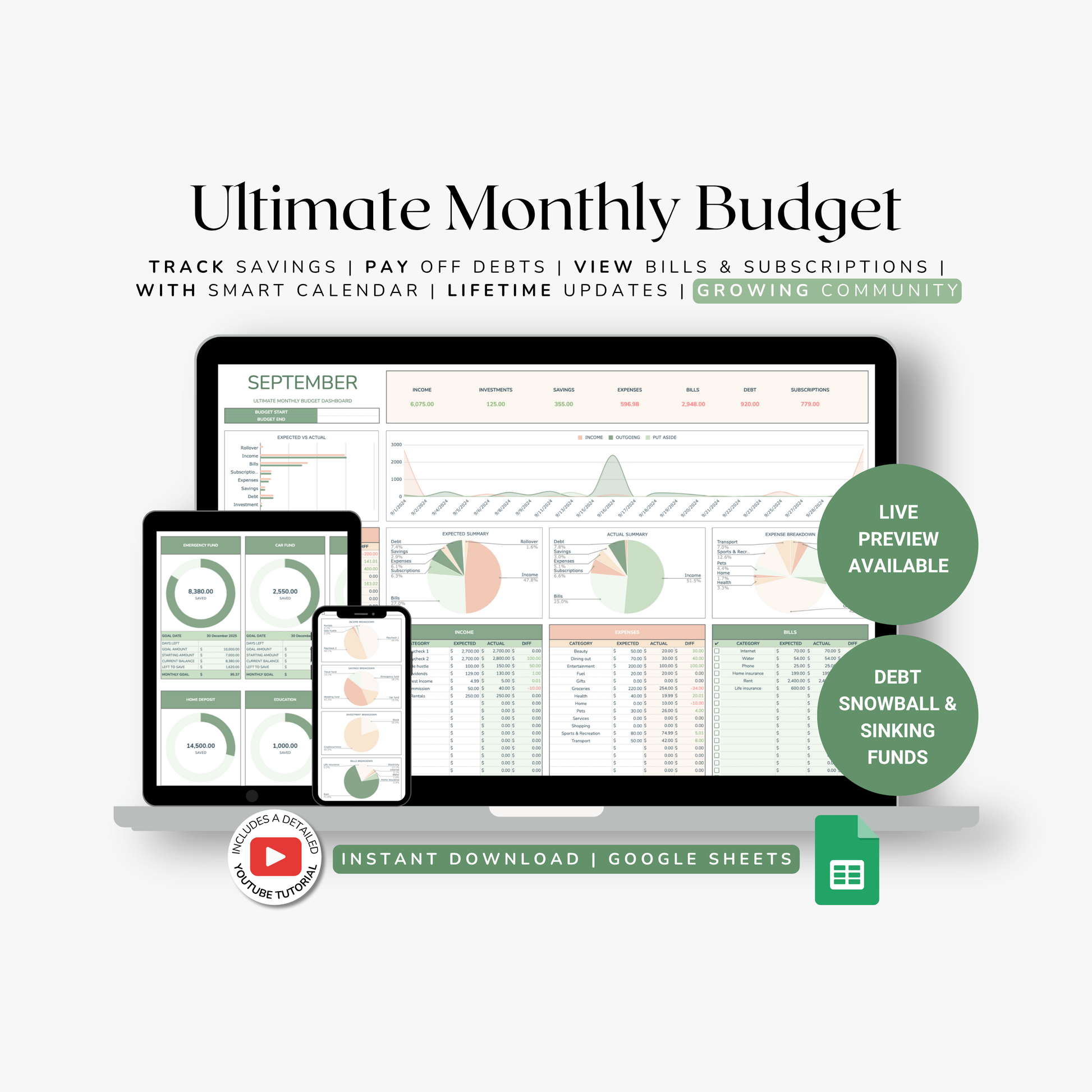 Ultimate Monthly Budget google sheets tracker with digital devices displaying budgeting tools on a white background.
