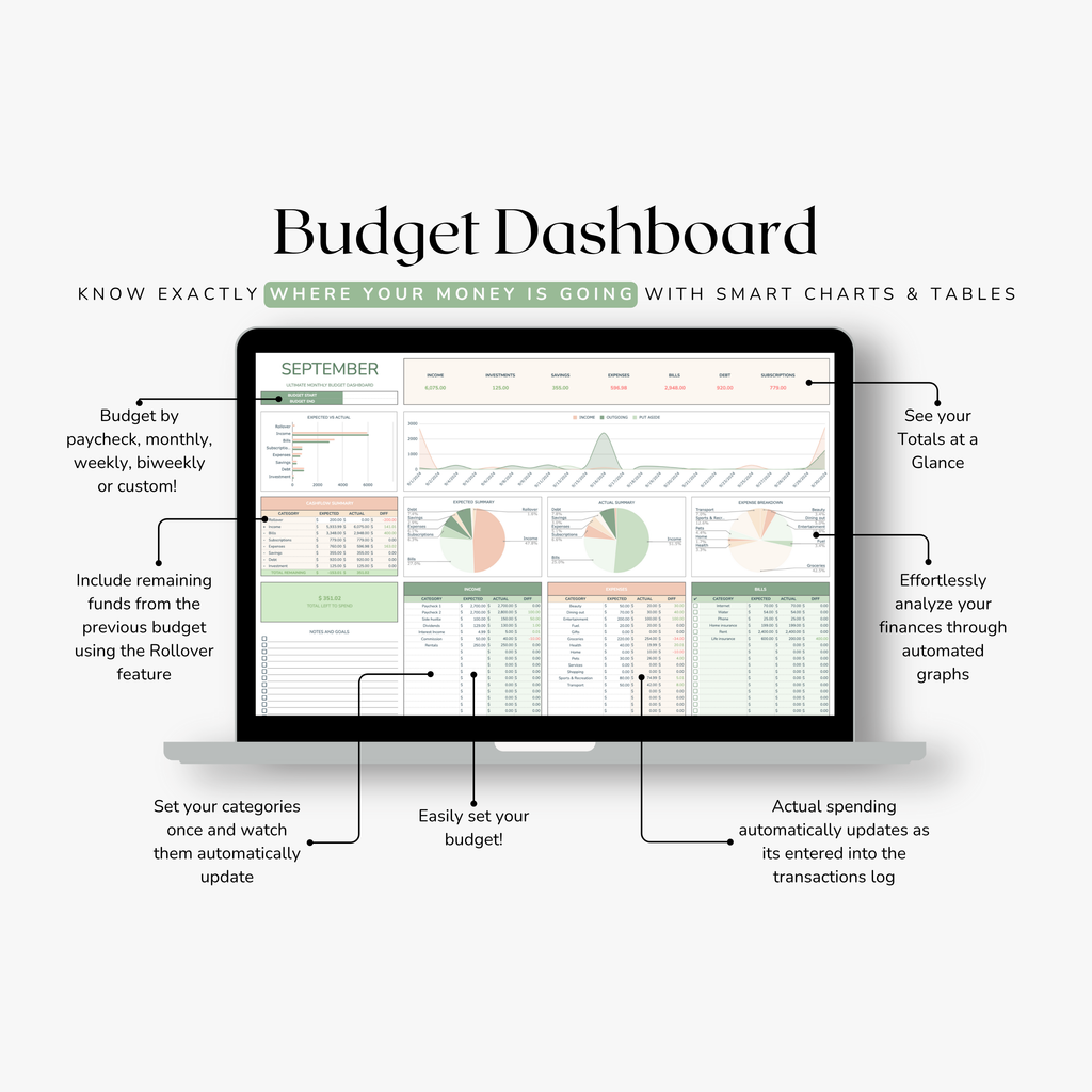 Budget Dashboard with smart charts and tables on a computer screen