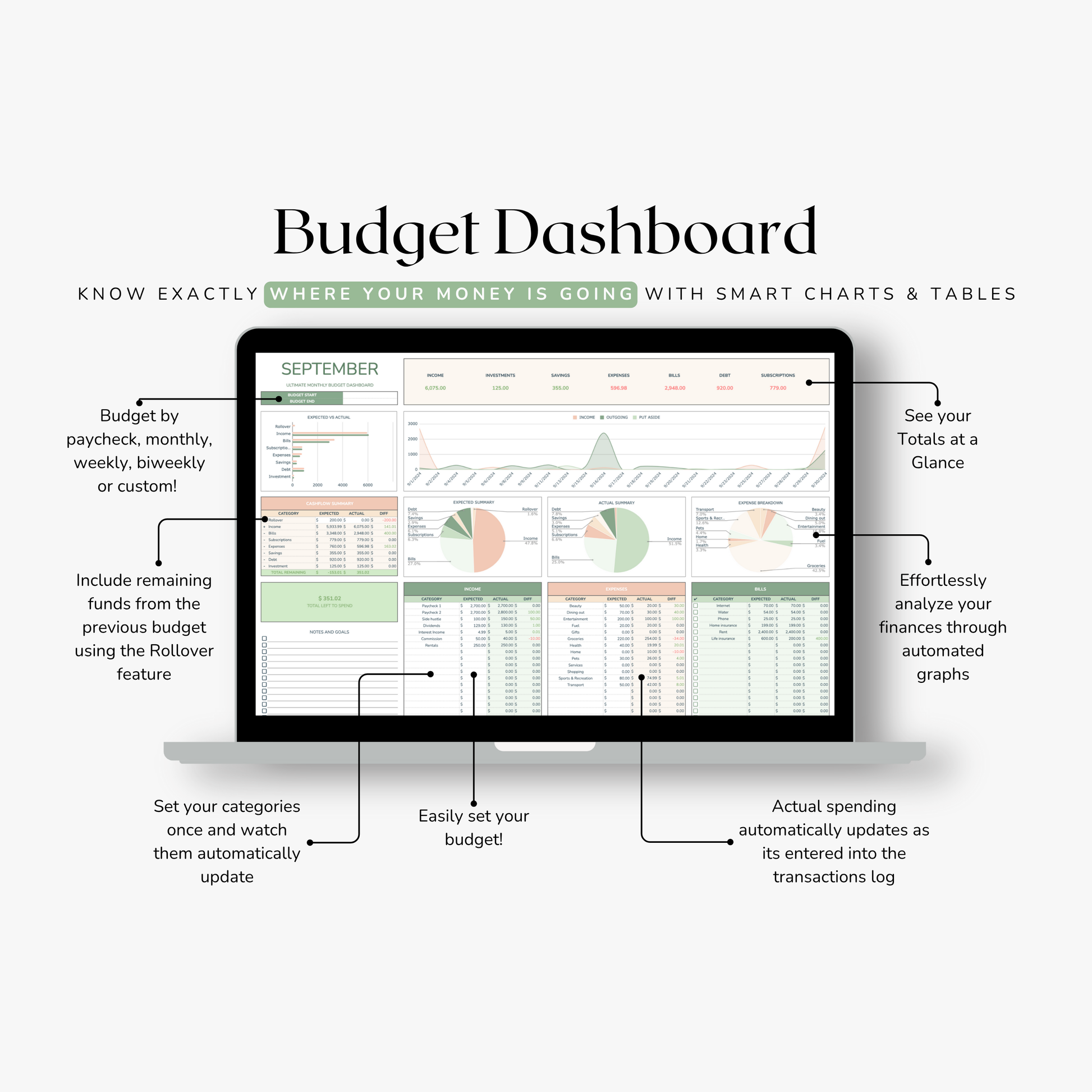 Budget Dashboard with smart charts and tables on a computer screen