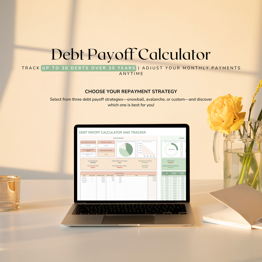 Laptop displaying a debt payoff calculator on a desk with a vase of flowers.