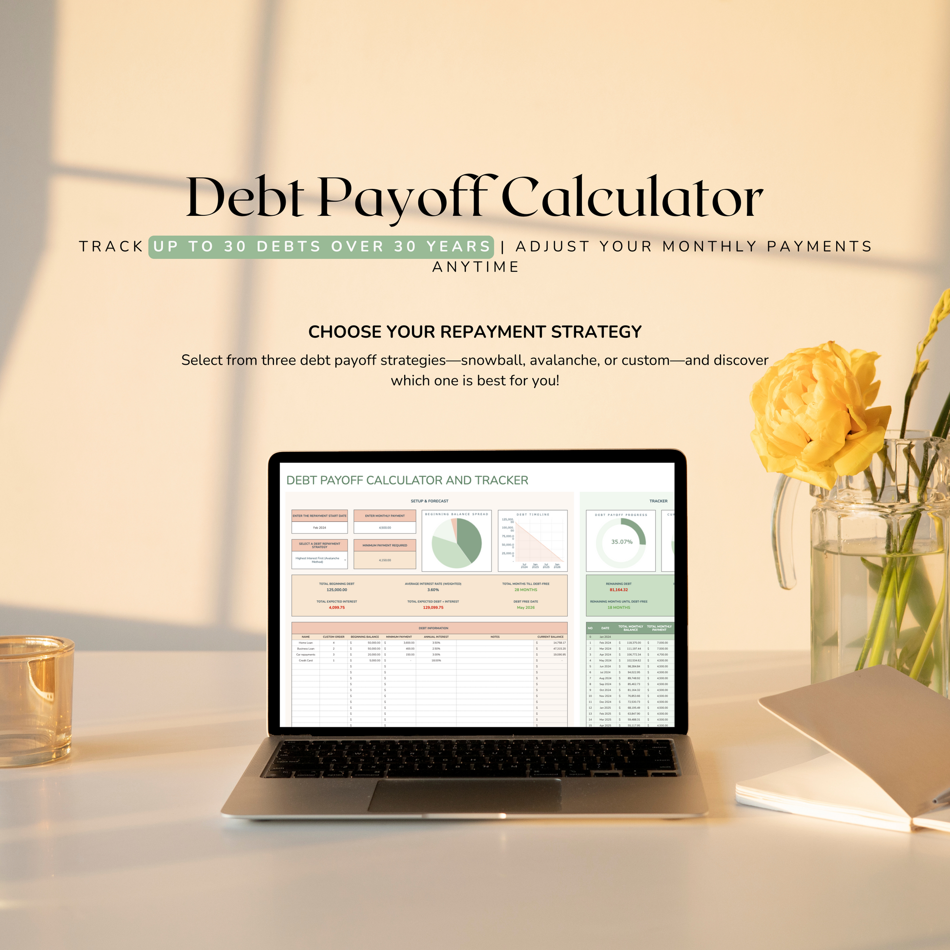 Laptop displaying a debt payoff calculator on a desk with a vase of flowers.