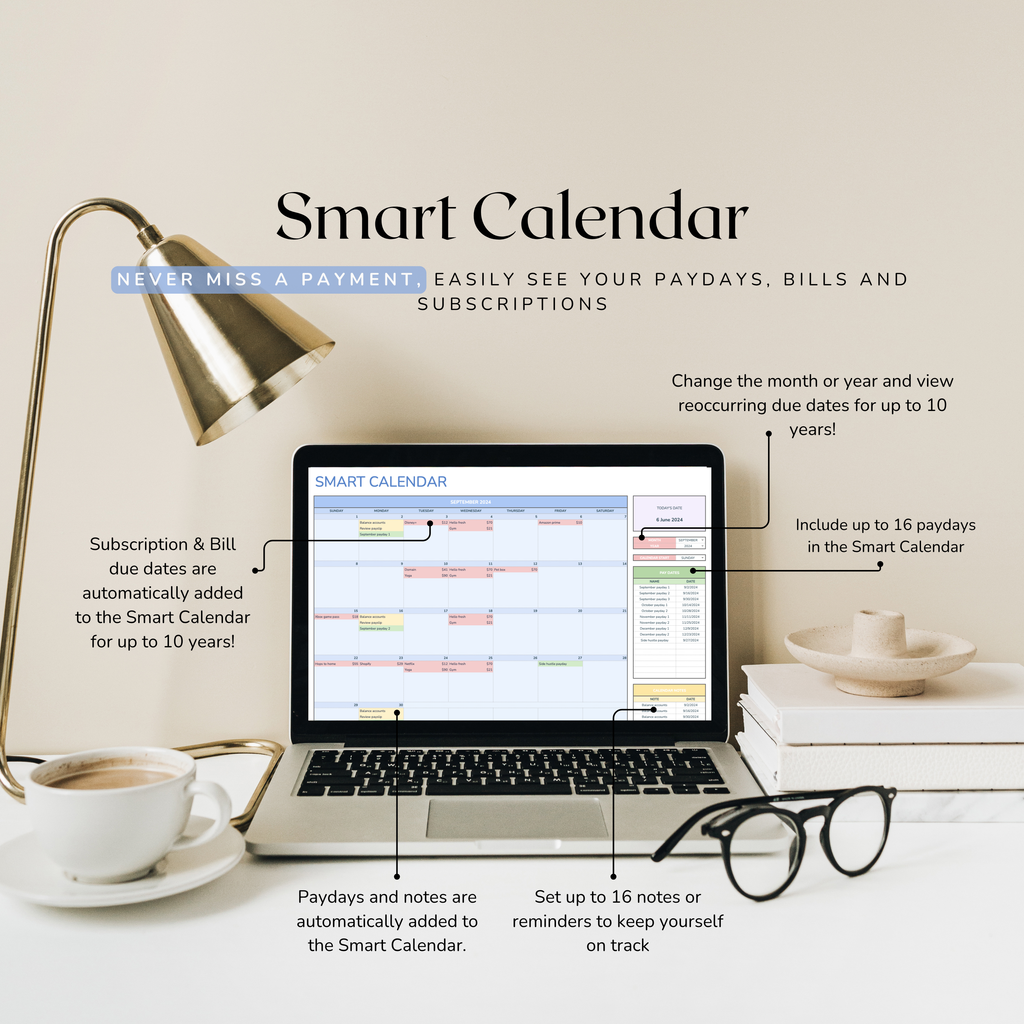 Laptop displaying a smart calendar with lifestyle elements like a lamp, coffee, and glasses.