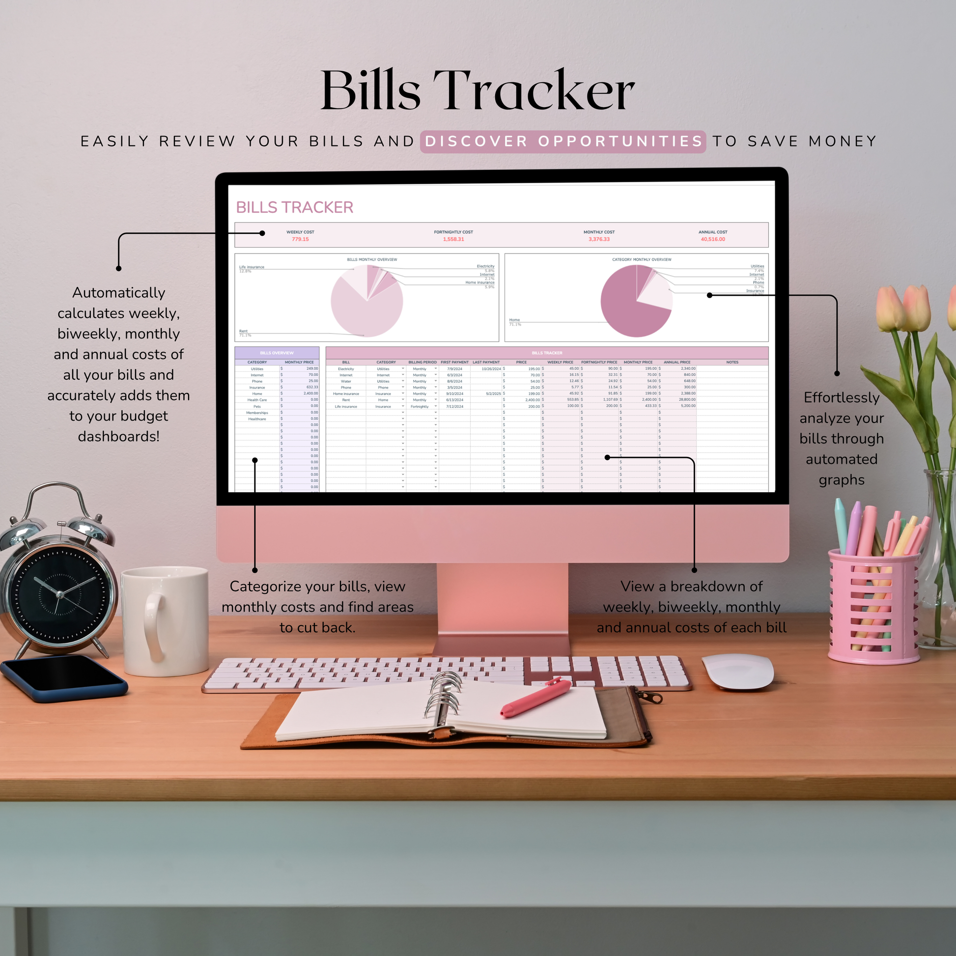 Bills tracker software on a computer screen with a desk setup.