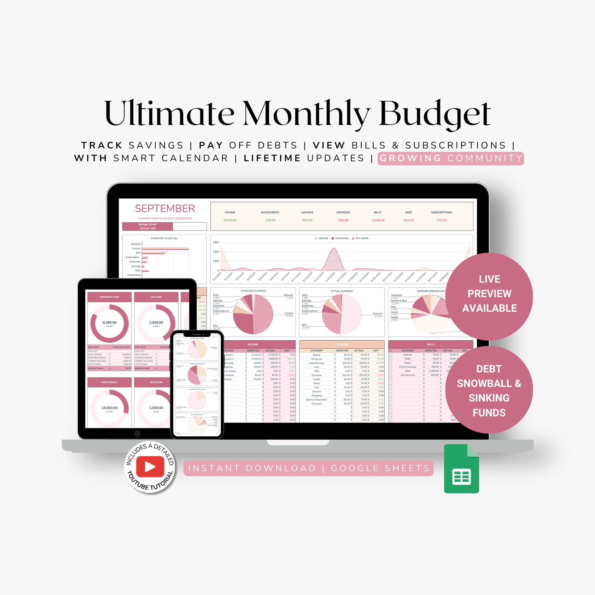 Ultimate Monthly Budget in google sheets with digital devices displaying budget data on a white background.